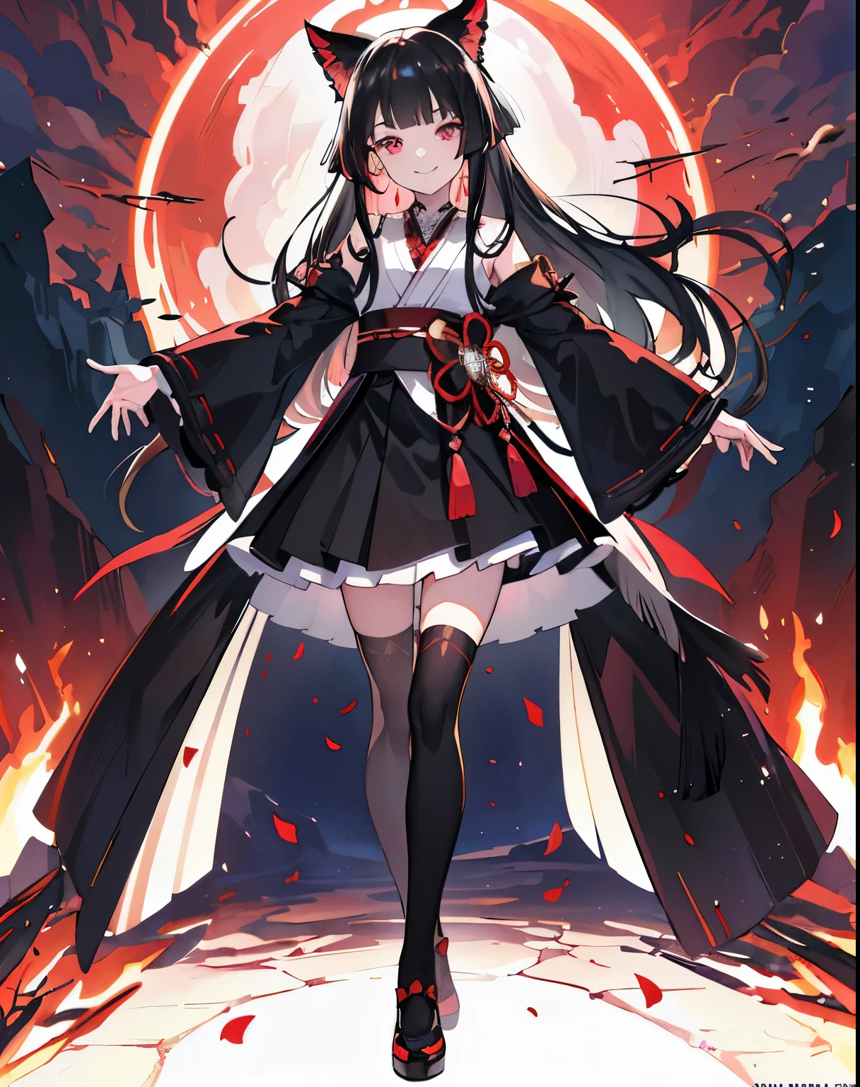 [(Detailed Background:1.4)::5],original,(figure:1.1),(Highest quality),(Tabletop:1.1),(Highly detailed CG 8k wallpaper:1.1), (colorful:0.9),(Mid Shot:0.95),(very detailed beautiful whole body),Ear covering accessories、Standing in the Wilderness, (girl),(((Adult))), (Beautiful eyes in every detail:1.15), (Beautiful Face:1.15), (Glowing red eyes:1.25////),(Black Hair),Pale skin，Pink Eyes，Red Bow，Amaryllis，((Wicked Smile))，Crystal Earrings，raven feather skirt,whole body,Wearing shrine maiden clothes and knee socks,((Long black hair)),Long black hair,