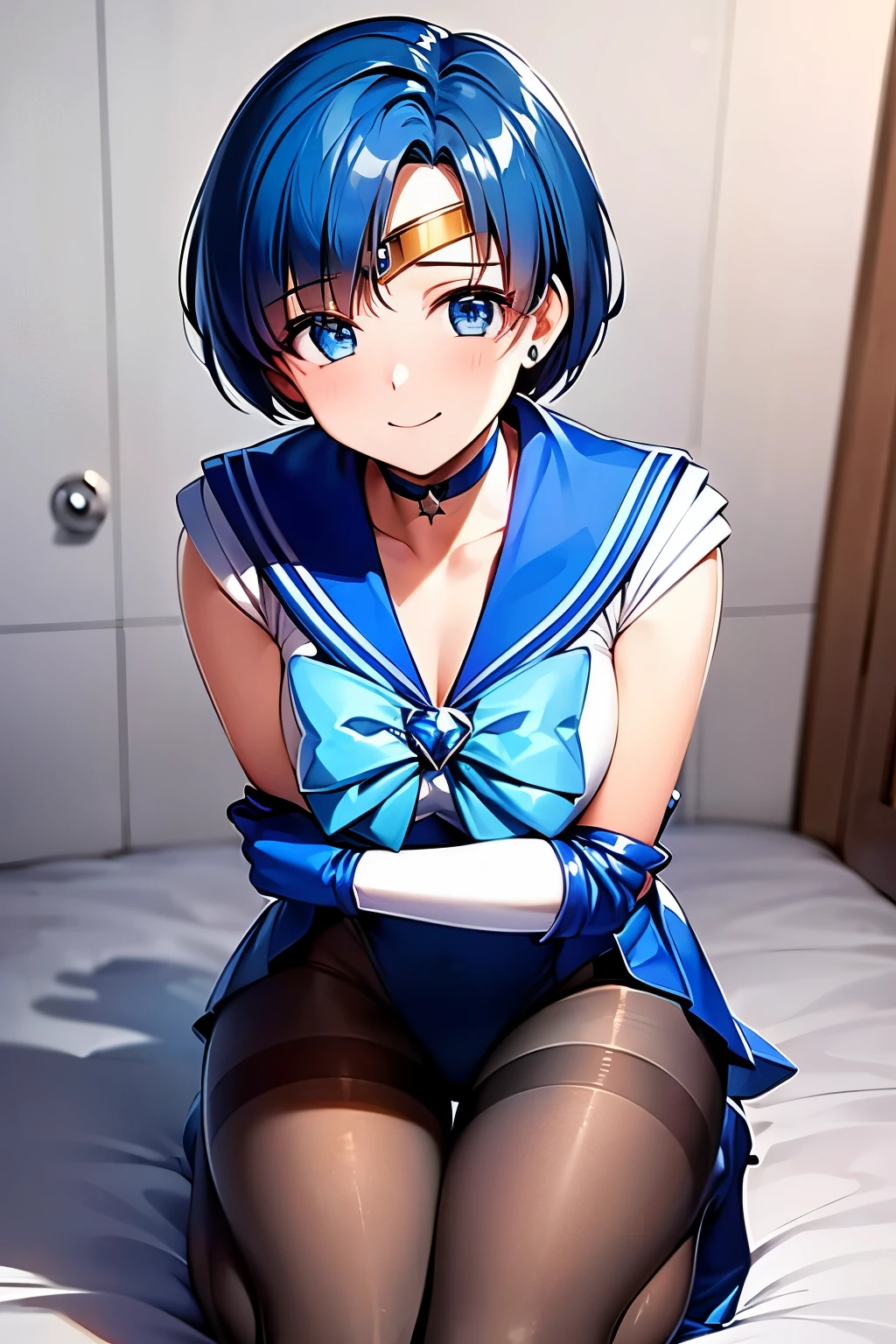 Highest quality, (masterpiece:1.2), Very detailed,
One girl, alone,
View your viewers, smile, Medium chest,
Water Eye, Blue Hair, short hair、((pantyhose))、Bedroom、((Sailor Mercury))、((Long gloves))、leotard、mini skirt、boots、(Crouching)