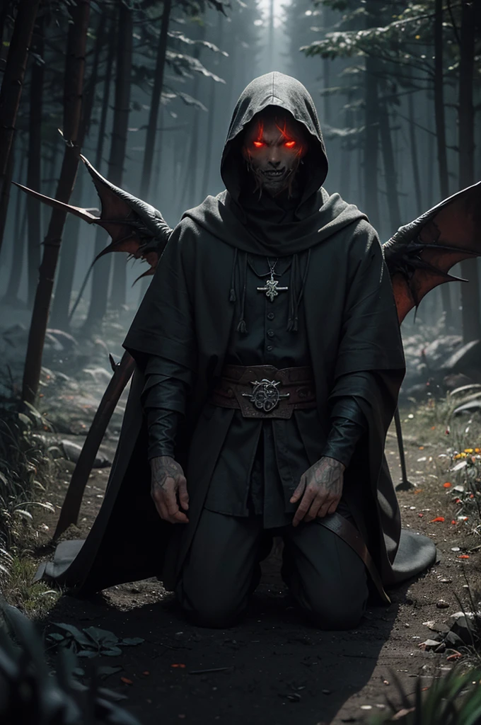 Create a detailed illustration of a demon making a pact with a human. The scene must be set in a dark and spooky place. The demon must clearly be a menacing creature with dark, scaly skin, wings folded behind his back and glowing red eyes. His claws must be sharp and he must be holding an ancient, tattered scroll with mysterious runes..

The human must be kneeling before the devil, looking both fearful and determined. It must clearly be a human, dressed in medieval attire, with a hooded cloak that partially hides his face. Your hand must be extended to shake the demon&#39;s claw, symbolizing the pact that is being made.

Around them, There must be a circle of glowing runes carved into the ground., emitting a dim and ominous light. The atmosphere should be tense and mystical, with mist swirling around your feet. Add small details like wisps of smoke, floating embers. Make sure the characters are clearly a demon and a human, not other different creatures.
