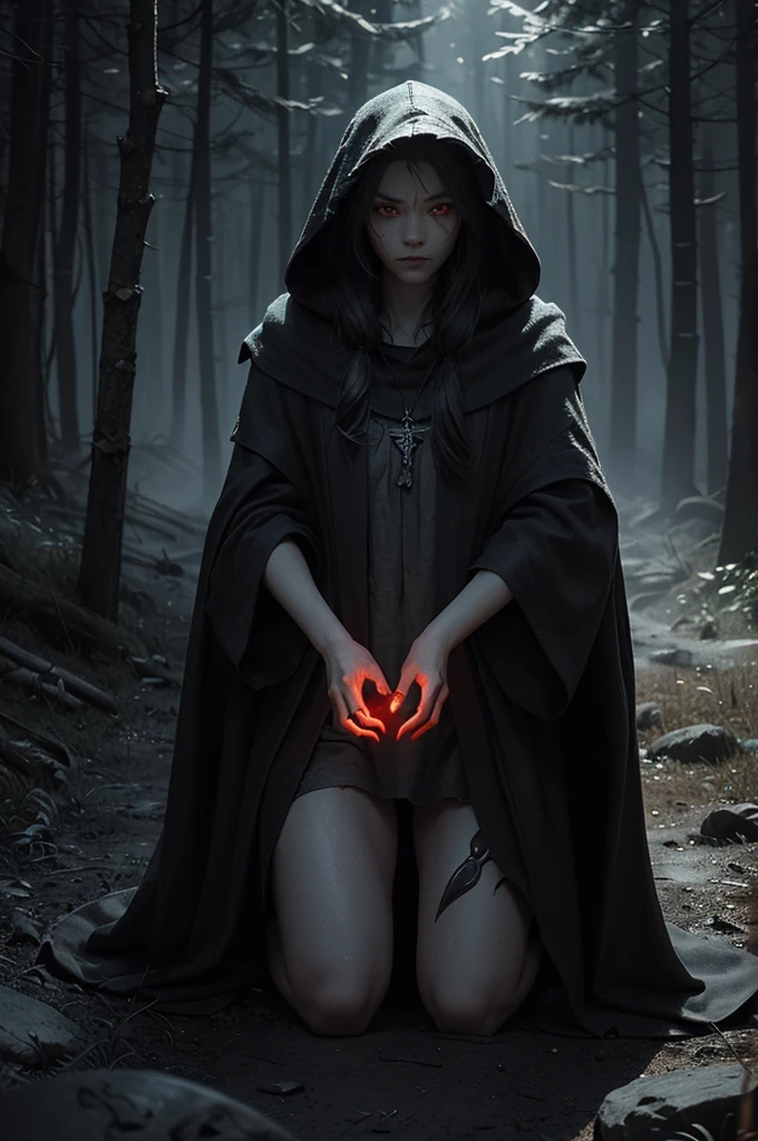 Create a detailed illustration of a demon making a pact with a human. The scene must be set in a dark and spooky place. The demon must clearly be a menacing creature with dark, scaly skin, wings folded behind his back and glowing red eyes. His claws must be sharp and he must be holding an ancient, tattered scroll with mysterious runes..
The human must be kneeling before the devil, looking both fearful and determined. It must clearly be a human, dressed in medieval attire, with a hooded cloak that partially hides his face. Your hand must be extended to shake the demon's claw, symbolizing the pact that is being made.
Around them, There must be a circle of glowing runes carved into the ground., emitting a dim and ominous light. The atmosphere should be tense and mystical, with mist swirling around your feet. Add small details like wisps of smoke, floating embers. Make sure the characters are clearly a demon and a human, not other different creatures.