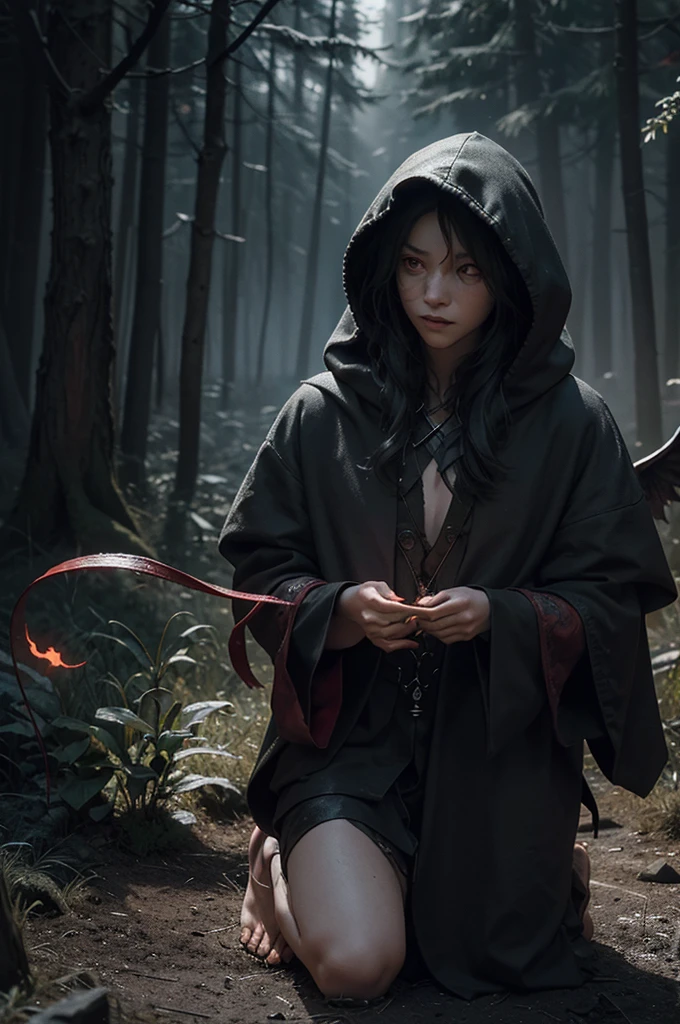 Create a detailed illustration of a demon making a pact with a human. The scene must be set in a dark and spooky place. The demon must clearly be a menacing creature with dark, scaly skin, wings folded behind his back and glowing red eyes. His claws must be sharp and he must be holding an ancient, tattered scroll with mysterious runes..
The human must be kneeling before the devil, looking both fearful and determined. It must clearly be a human, dressed in medieval attire, with a hooded cloak that partially hides his face. Your hand must be extended to shake the demon's claw, symbolizing the pact that is being made.
Around them, There must be a circle of glowing runes carved into the ground., emitting a dim and ominous light. The atmosphere should be tense and mystical, with mist swirling around your feet. Add small details like wisps of smoke, floating embers. Make sure the characters are clearly a demon and a human, not other different creatures.