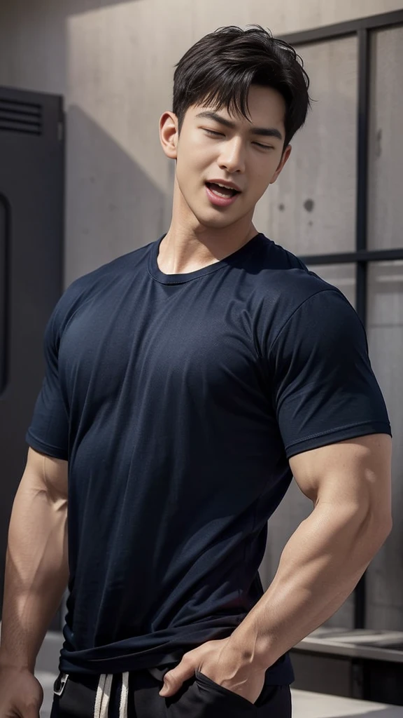 (Create a masterpiece: 1.2),(CGI art:1.3),(realistic:1.5),(After processing:1.3), (Sharp focus:1.3), 1 man, open mouth, smile, (Navy blue round neck t-shirt:1.3), Navy cargo pants, Korean guy , korean men, (High gloss details), chest muscles, large arm muscles, blood vessel, Big muscles, Broad shoulders, looking at the audience, Balancing the eyes, bedroom, Close your eyes.,(open mouth:1.3)