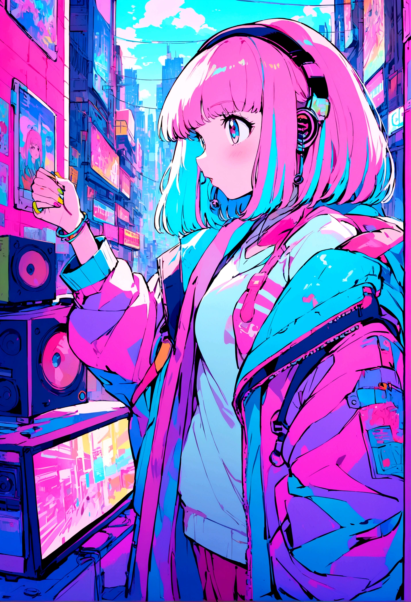 Pink and blue hair girl, soda, Inspired by 90s anime, Cyberpunk City, praise, colorful, listen to music, Pink Hair, Blue Hair、Live streaming from home