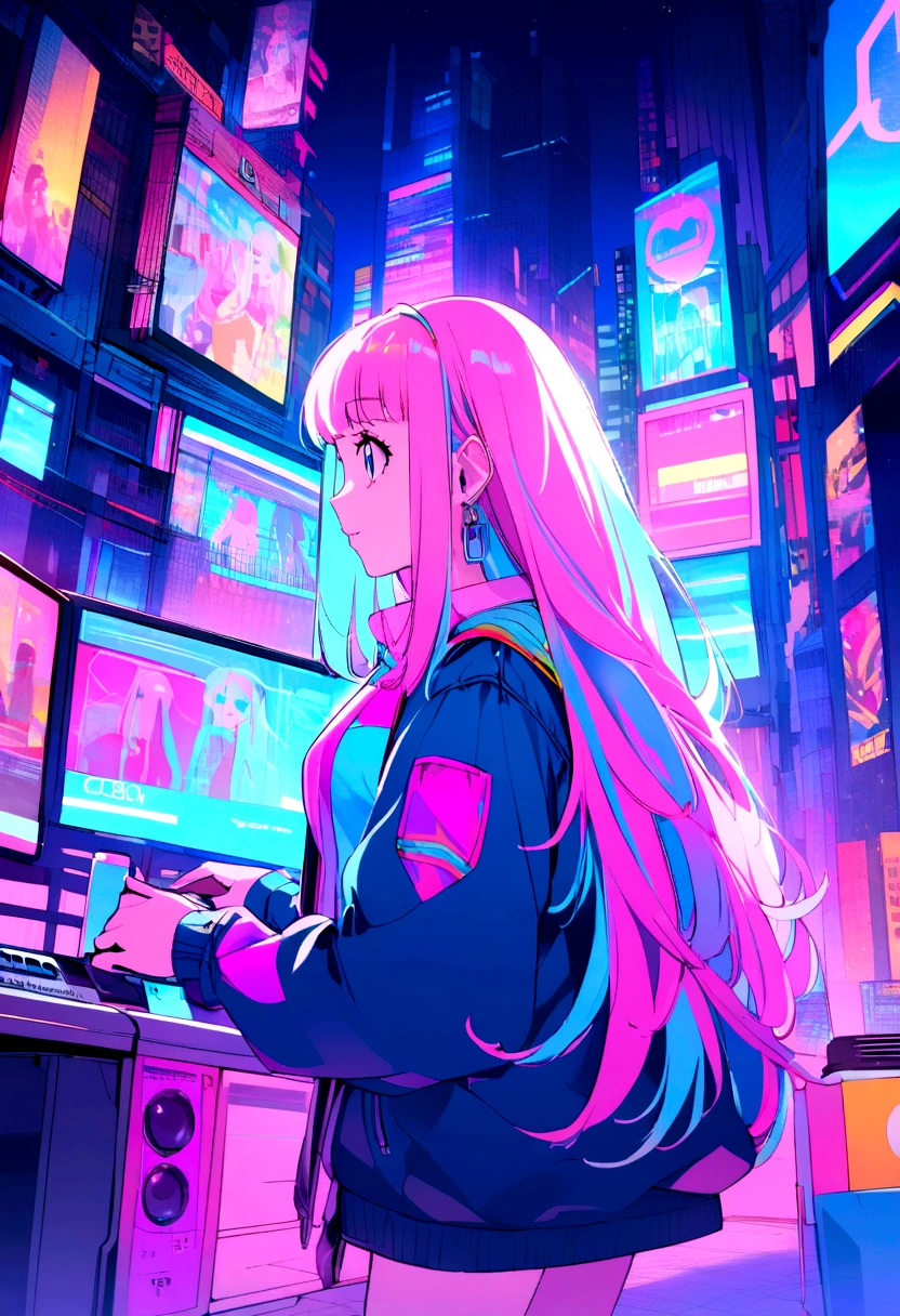 Pink and blue hair girl, soda, Inspired by 90s anime, Cyberpunk City, praise, colorful, listen to music, Pink Hair, Blue Hair、Live streaming from home