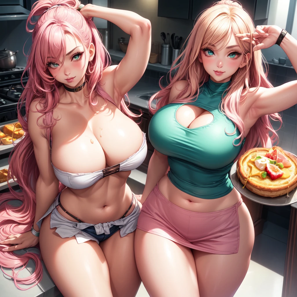 ((1 girls), solo, clevage, Big round breasts, trendy, stylish, clevage, thighs, hips, realistic, pink hair, blonde hair, light green eyes, lip gloss, detailed face, amazing big eyes, eye details, big lips, eyebrow details, blush, smirk, naughty, mischevious face, HD, good quality, kitchen, breakfast