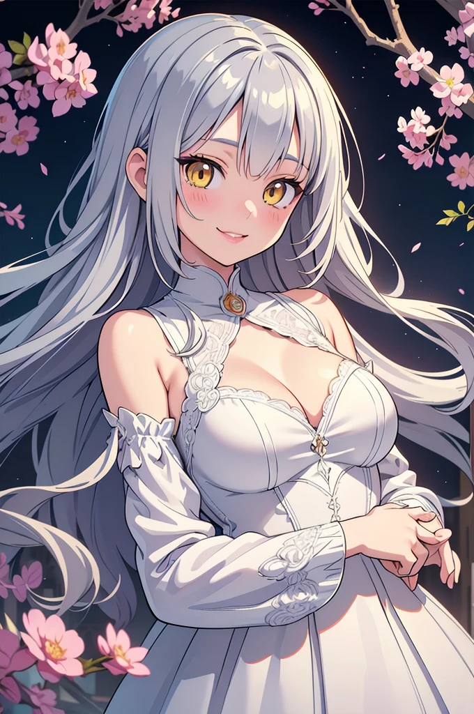 masterpiece、Highest quality、High resolution、High-quality images、8K, 12 year old girl、Skin Radiance、Texture of skin and clothing、Expression of fine eyes、Silver Hair,Long Hair Girl, Manga inspired by Lee Jong-suk, Trending on deviantart, realism, detailed manga style, Manga art style, Perfect Line Drawing, Beautiful line art, digital manga art girl, dress, Beautiful yellow eyes, Fuller lips, Gorgeous face with attention to detail, (Cute Smile), charm, Innocent, Side view, (Perfectly detailed face), (Beautiful Hands) Photorealistic images, Written boundary depth, moonlight、Big Breasts