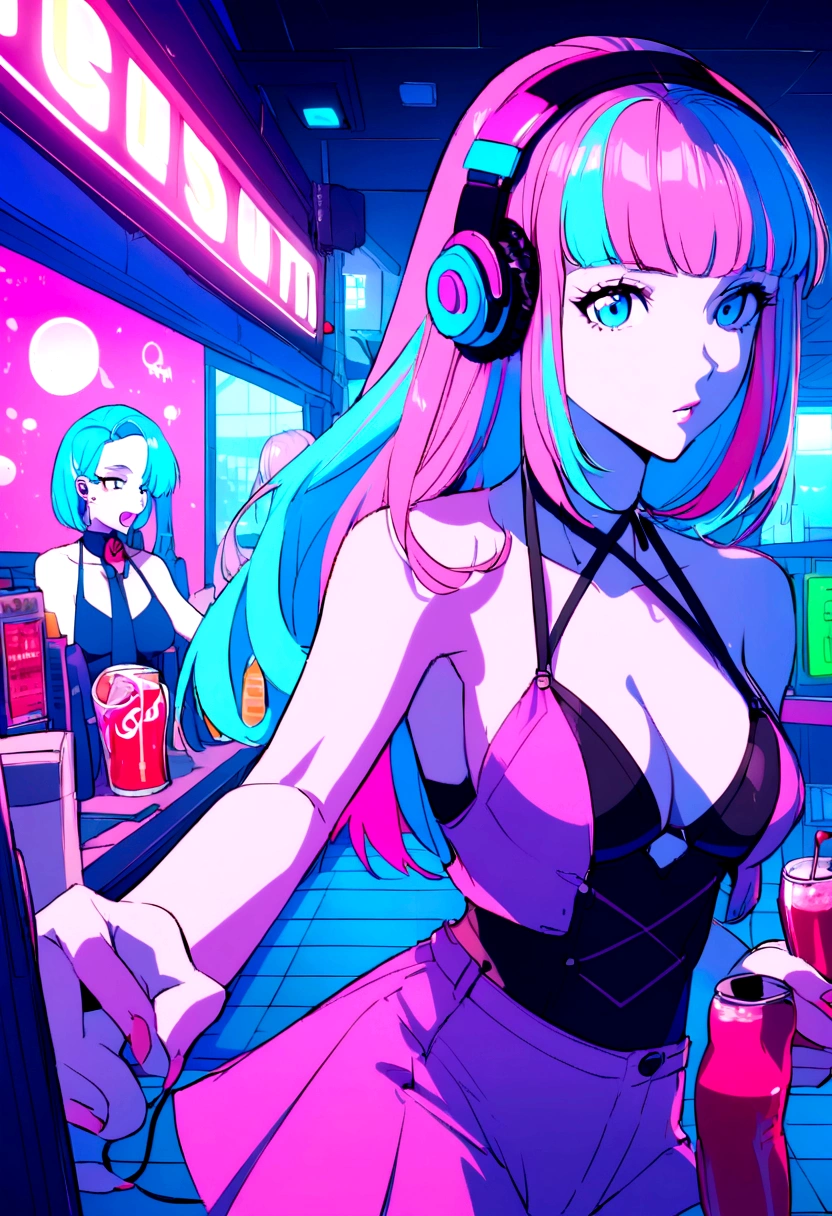 Pink and blue hair girl, soda, Inspired by 90s anime, Cyberpunk City, praise, colorful, listen to music, Pink Hair, Blue Hair、Working at a cabaret club