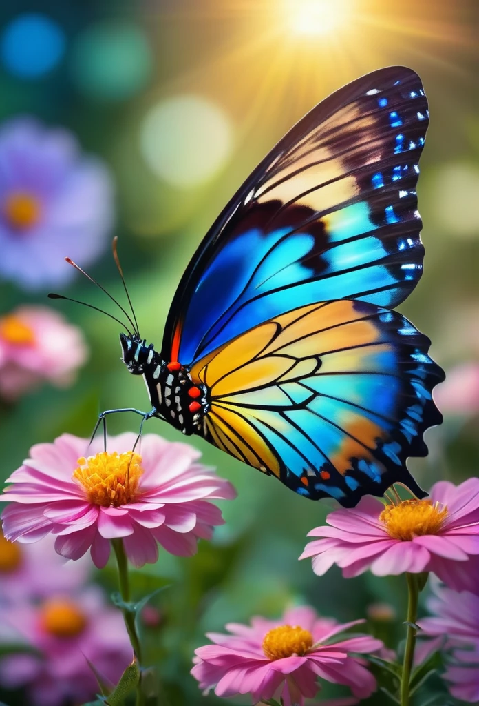 A beautiful, colorful butterfly with intricate patterns on its wings, fluttering gracefully in a blooming flower garden. The wings of the butterfly are vibrant and vibrant, with shades of blue, yellow, and purple. The garden is full of various flowers, such as roses, lilies, and daisies, creating a picturesque and enchanting scene. The butterfly is delicately perched on a delicate flower petal, with the sunlight illuminating its wings, casting intricate shadows on the petals below. The soft breeze gently sways the flowers and the butterfly, creating a sense of tranquility and harmony. The overall image should have the best quality, with ultra-detailed and realistic details, vivid and vibrant colors, and a touch of bokeh to enhance the magical atmosphere of the scene.