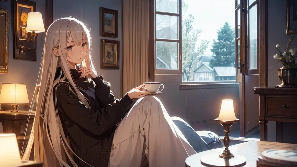 Mellow, an anime-style female character with long, straight hair and a serene expression, sitting with a cup of tea in a cozy, softly lit room with a harp nearby. The ambiance is whispering vocal, easy listening, and lo-fi hip-hop.