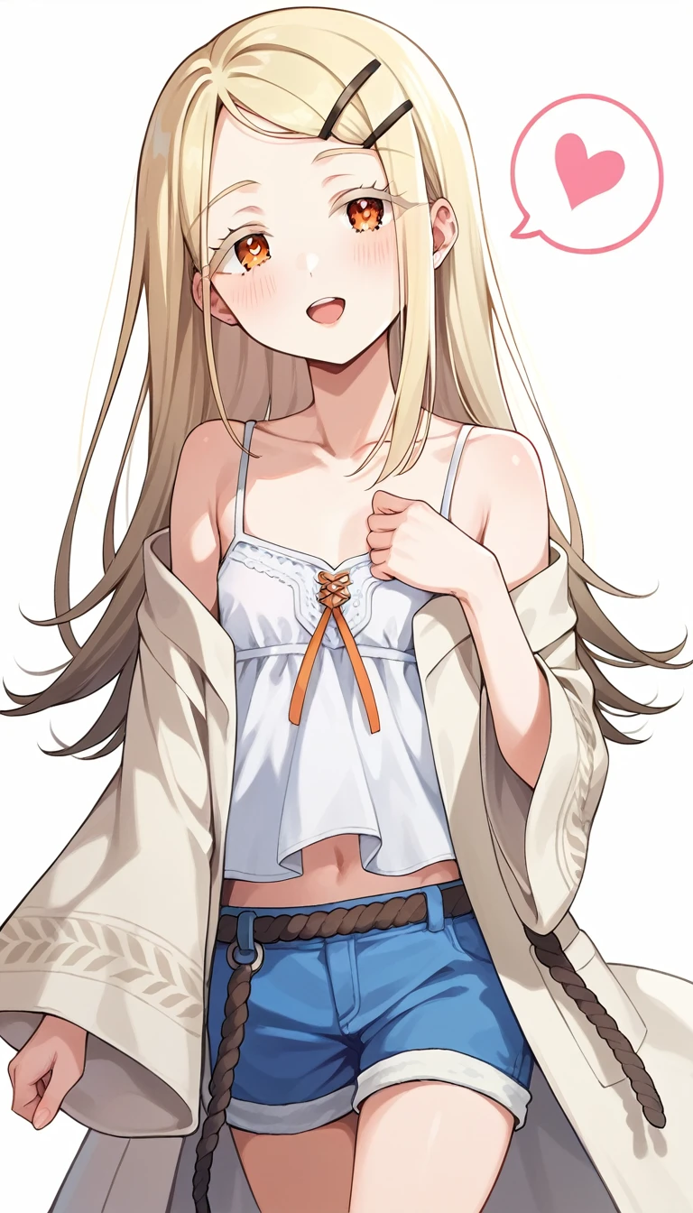 16k,score_9, score_8_up, score_7_up, source_anime, rating_safe,super detailed , hiro-default,shinosawa hiro,slender,orange eyes,white eyelashes,blonde hair,long hair,hairclip,white camisole,blue shorts,coat,wide sleeves,belt,, (heart eyes),(heart in eyes),spoken heart,aroused,open mouth,dutch angle,flat chest ,blush,beautiful face,beautiful eyes,details eyes,white background ,from above, nipple slip from camisole,clothed