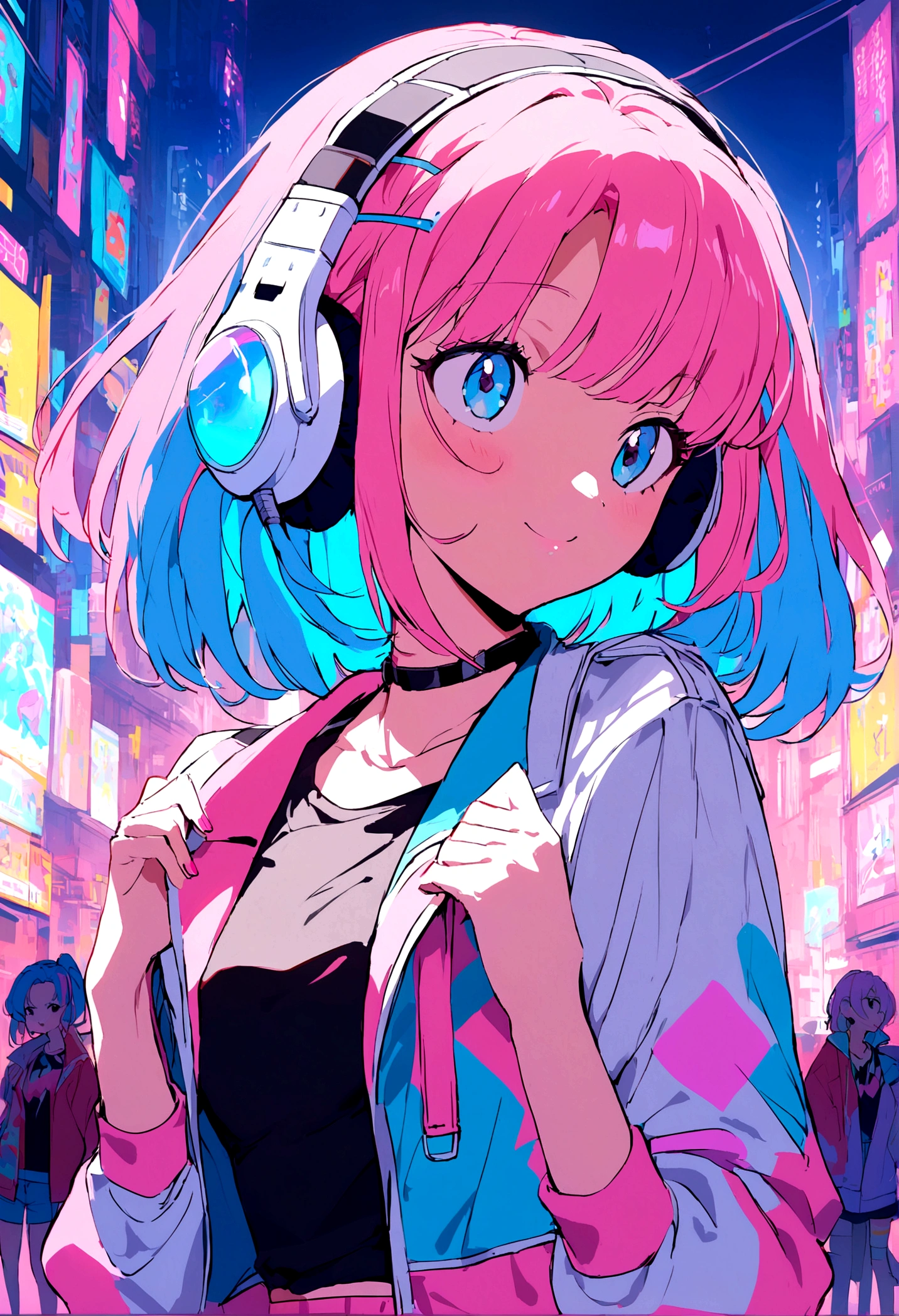 Pink and blue hair girl, soda, Inspired by 90s anime, Cyberpunk City, praise, colorful, listen to music, Pink Hair, Blue Hair、Idol