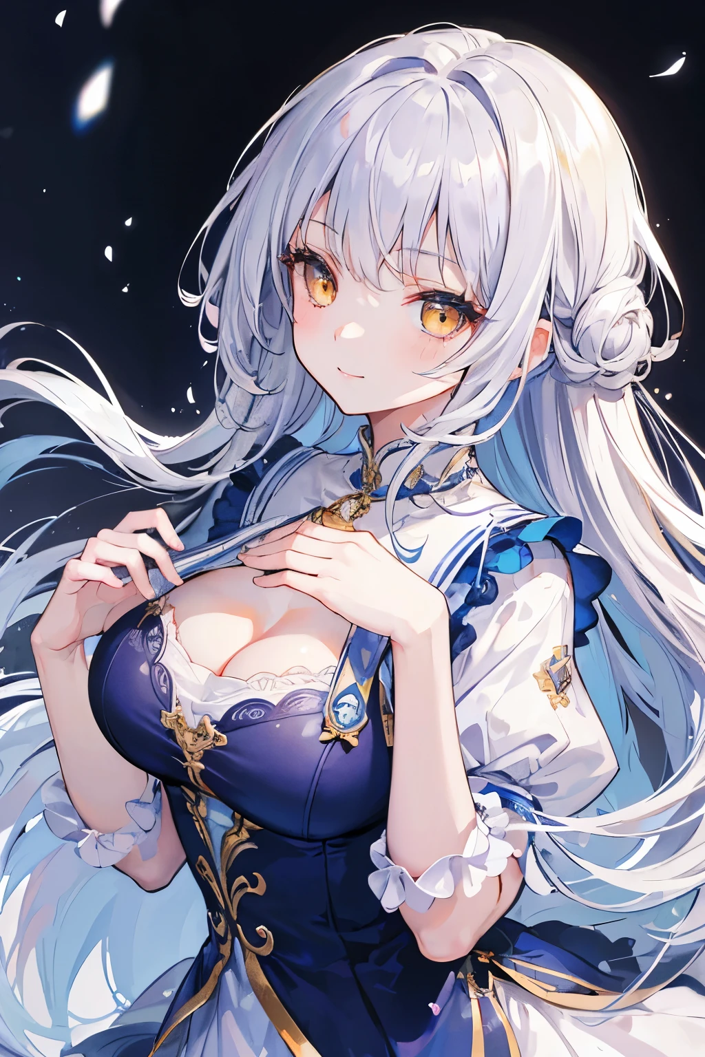 masterpiece、Highest quality、High resolution、High-quality images、8K, 12 year old girl、Skin Radiance、Texture of skin and clothing、Expression of fine eyes、Silver Hair,Long Hair Girl, Calm illustration、dress, Beautiful yellow eyes, Fuller lips, Gorgeous face with attention to detail, (Cute Smile), charm, Innocent, Side view, (Perfectly detailed face), (Beautiful Hands) Photorealistic images, Written boundary depth, moonlight、Big Breasts