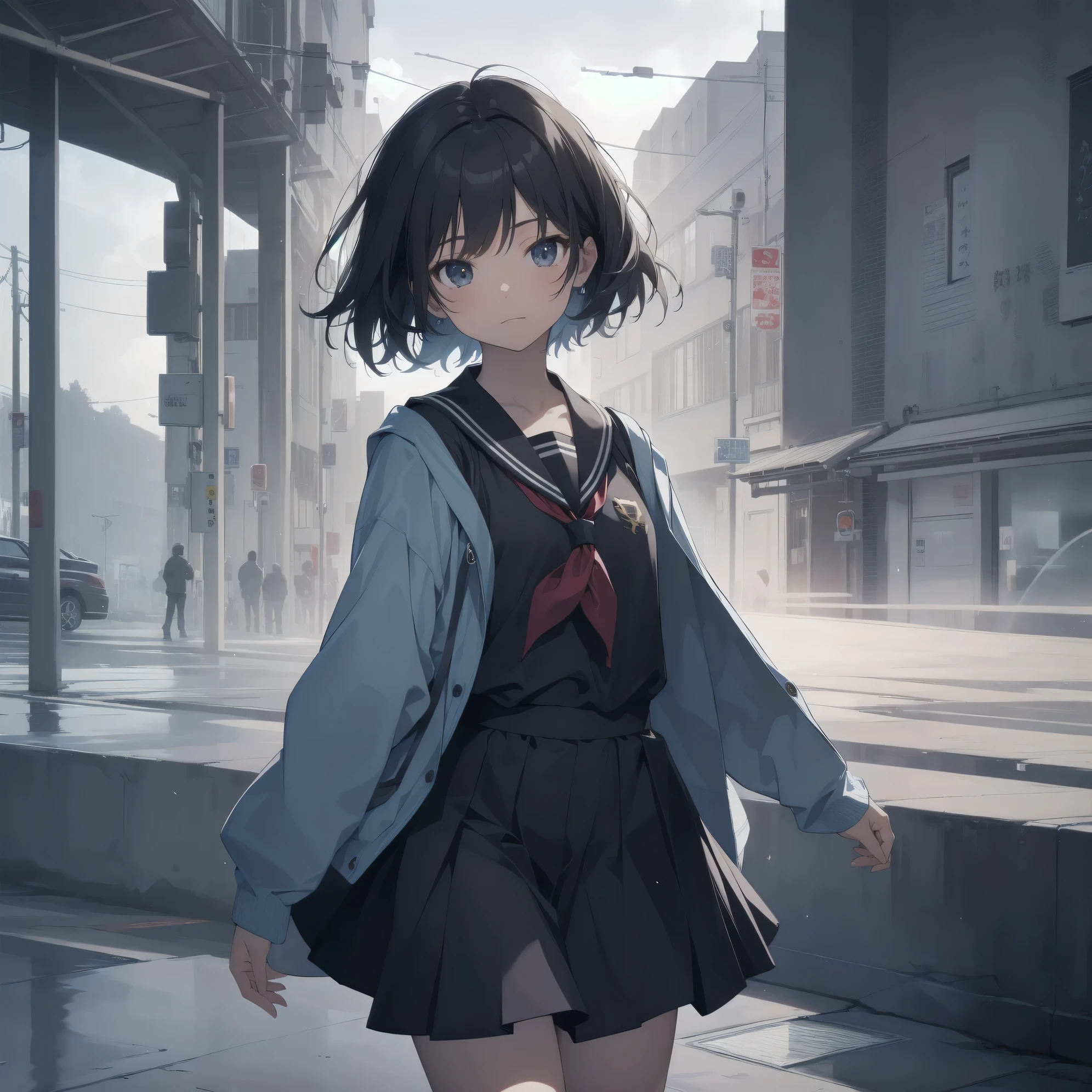 ultra-absurdres-Top quality by artist God, ultra-detailed, high resolution, anime moe artstyle, best anime 8k konachan wallpaper, pixiv contest winner, pool:2810, perfect anatomy,break, 1girl, (Please draw a girl walking sleepily to school alone. )break,(Solo,little female, 13-year-old:1.3),Full limbs, complete fingers,a junior high school student, (very short hair), short cut, flat chest, , small butt, small black eyes, beautiful detailed eyes, well-proportioned iris and pupils, expressive eyes, highres detailed hair, soft expression, salor school_uniform, sailor collar, serahuku, bow, pleated skirt,(Detailed Lighting), (Detailed background), in the School commute route. break,super detailed skin, Best cinematic lighting powered by famous artist, 8k,beauty illustration,photoshop_(medium),very aesthetic,break,((artist:yamamoto_souichirou )), artist:clamp ,artist:carnelian ,artist:kantoku ,