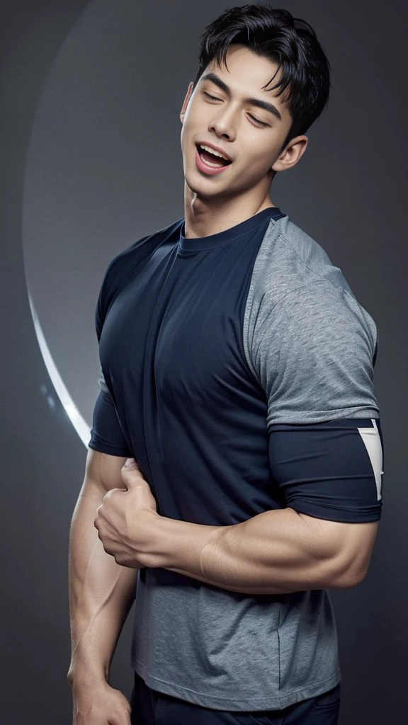 (Create a masterpiece: 1.2),(CGI art:1.3),(realistic:1.5),(After processing:1.3), (Sharp focus:1.3), 1 man, open mouth, smile, (Navy blue round neck t-shirt:1.3), Navy cargo pants, Korean guy , korean men, (High gloss details), chest muscles, large arm muscles, blood vessel, Big muscles, Broad shoulders, looking at the audience, Balancing the eyes, bedroom, Close your eyes.,(open mouth:1.1)