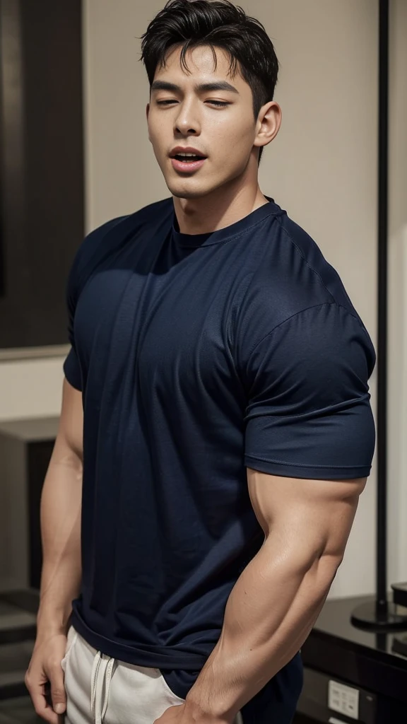 (Create a masterpiece: 1.2),(CGI art:1.3),(realistic:1.5),(After processing:1.3), (Sharp focus:1.3), 1 man, open mouth, smile, (Navy blue round neck t-shirt:1.3), Navy cargo pants, Korean guy , korean men, (High gloss details), chest muscles, large arm muscles, blood vessel, Big muscles, Broad shoulders, looking at the audience, Balancing the eyes, bedroom, Close your eyes.,(open mouth:1.1)