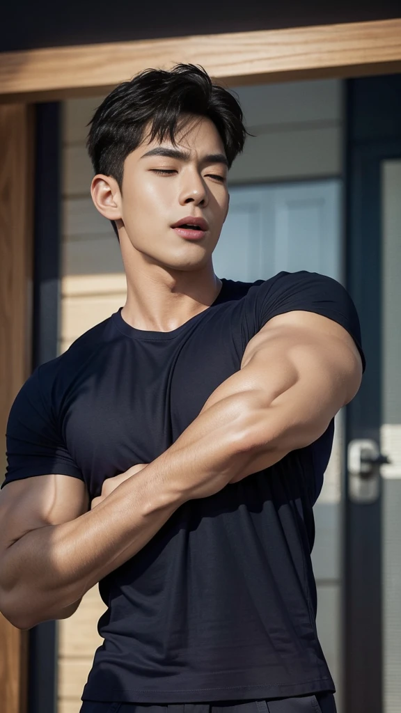 (Create a masterpiece: 1.2),(CGI art:1.3),(realistic:1.5),(After processing:1.3), (Sharp focus:1.3), 1 man, open mouth, smile, (Navy blue round neck t-shirt:1.3), Navy cargo pants, Korean guy , korean men, (High gloss details), chest muscles, large arm muscles, blood vessel, Big muscles, Broad shoulders, looking at the audience, Balancing the eyes, bedroom, Close your eyes.,(open mouth:1.1)
