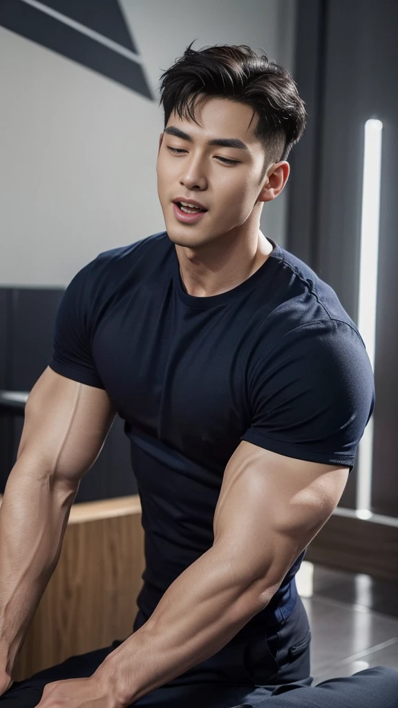(Create a masterpiece: 1.2),(CGI art:1.3),(realistic:1.5),(After processing:1.3), (Sharp focus:1.3), 1 man, open mouth, smile, (Navy blue round neck t-shirt:1.3), Navy cargo pants, Korean guy , korean men, (High gloss details), chest muscles, large arm muscles, blood vessel, Big muscles, Broad shoulders, looking at the audience, Balancing the eyes, bedroom, Close your eyes.,(open mouth:1.1)