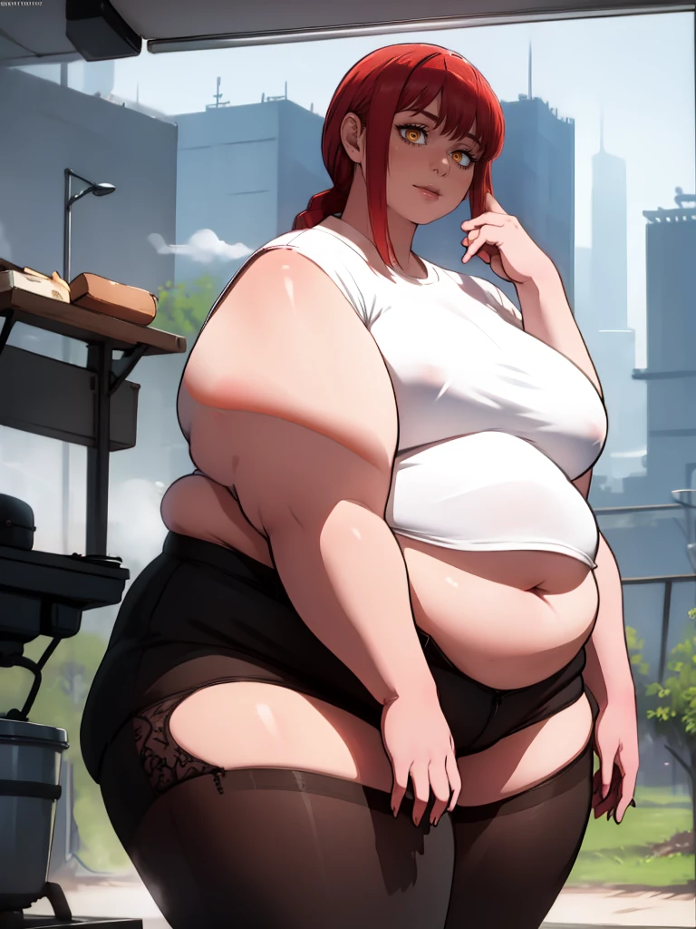 Le personnage Makima de la série animée Chainsaw Man, fragile, obésité morbide, ssbbw, pleine longueur (corps entier 1.1.), fond sombre, obscurité, anatomie correcte 1.1, anatomie correcte de la main, Très féminin, corps gras et rond, grosses Jambes, fesses, beau corps obèse, ventre rond et mou très gras, cheveux roux, Yeux oranges, Cercles rouges pour les écoliers, chemise blanche, jupe noire, cravate noire, pose sexy, réaliste, very détaillé, beau corps, détaillé body, détaillé hands, détaillé, vibrant, détaillé Face, Conception des personnages de Makima. very détaillé, détaillé body, détaillé hands, détaillé Face, Art animé, Hugh Détails, Visage très abattu, détaillé eyes, Illustration ultra fine, Meilleure ombre, détail fin, beautiful détaillé glow, beautiful détaillé, Extraordinairement beau, extremely détaillé, inexpressif, composition épique, Style animé. art animé, Style animé. Jupe noire, chemise blanche, cravatte, pose sexy. Double menton, visage très gras, grosses joues, joues potelées