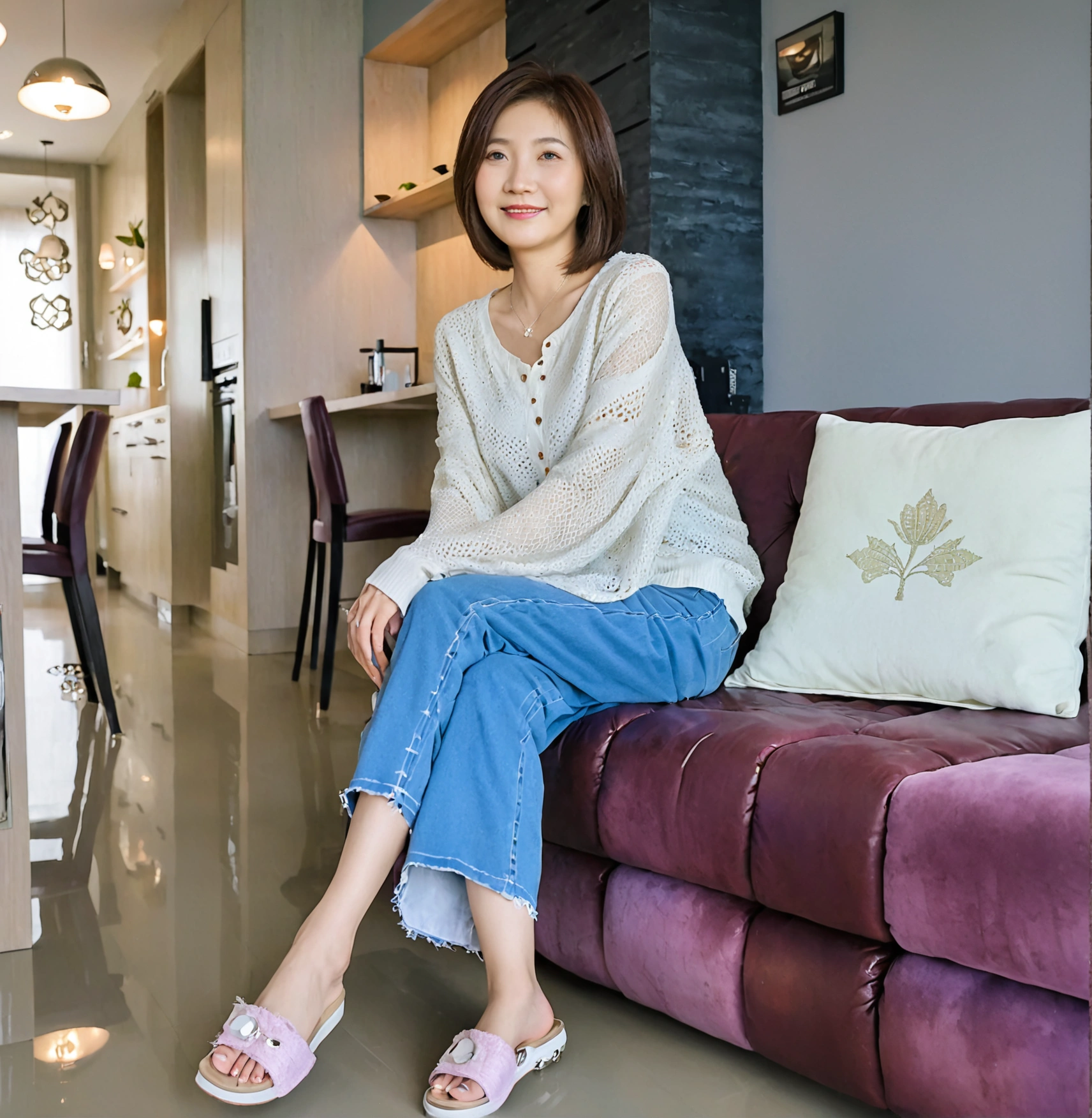 Beautiful Korean Woman , 32 inch chest size, Your eyes are big and pretty. Wearing a high-end luxury brand cardigan, Casual jeans, short medium hair, Smile. sit on the sofa , uhd