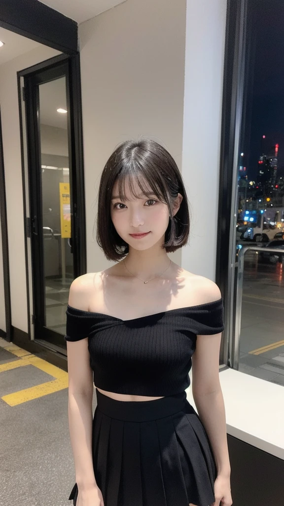 ((Ultra-high resolution, Highest quality, masterpiece: 1.2), (Realistic, Realistic: 1.37), Super detailed, (Shibuya, night, sunny: 1.2), Professional Lighting, Photon Mapping, Radio City, Physically Based Rendering, masterpiece, Rich details, (Beautiful Face),(Beautiful Eyes), (Clear Face), (Detailed face description), (Detailed hand description), (masterpiece), Realistic, Extreme light and shadow, Shiny skin,Shiny Hair, One Girl, 18-year-old, Japan, cute,(smile,Happy:0.8),(Gradient Black Hair, Short Hair:1.2),small, thin:1.2、double, Fine clavicle, clavicle, (Medium chest, slightly plump chest:1.37),(Front view ,Sexy pose,whole body, Panty shot: 1.2), A young woman wearing a stylish, off-the-shoulder top and a pleated mini skirt. The top is a mustard yellow color with a ribbed texture, featuring a lace-up design down the front with crisscrossing ties. It has short sleeves that sit off the shoulders, exposing the collarbone and shoulders. The bottom is a black, high-waisted pleated mini skirt that flares out slightly, reaching mid-thigh. The overall look is trendy and youthful, combining a casual yet fashionable aesthetic.
, Face Focus, Disheveled Hair, 眉毛より少し上の長さのbangs(bangs:0.8), キャラクターのwhole bodyをcorrectに描写し、Realなスタイルで描かれた、正しいarmとrefer toの数を持つキャラクター。(whole body:1.0, correct:1.0, Real:1.0, arm:1.0, refer to:1.0)

 