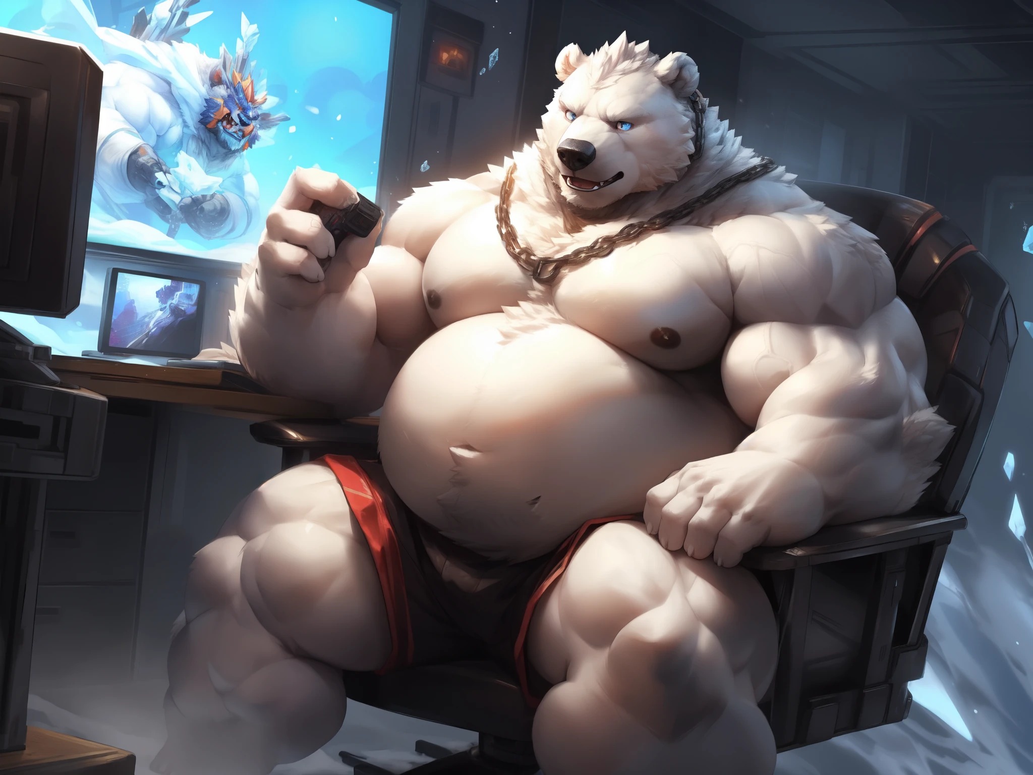 lindong, lucusold, a man with a huge muscular and fat (white bear, polar bear 🐻‍❄️) sitting in gaming chair, streamer, pc and monitor, ((muscular, musclegut, big belly)), thicc, giant and muscular, danbooru and artstation, heavy detailed, insanely inflated hips, proportionally arms, commission for high res, detailed but rough, semirealistic:1.3