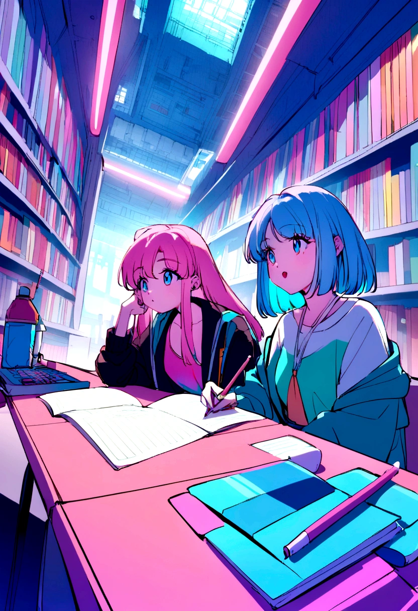 Pink and blue hair girl, soda, Inspired by 90s anime, Cyberpunk City, praise, colorful,, Pink Hair, Blue Hair、Studying in the library