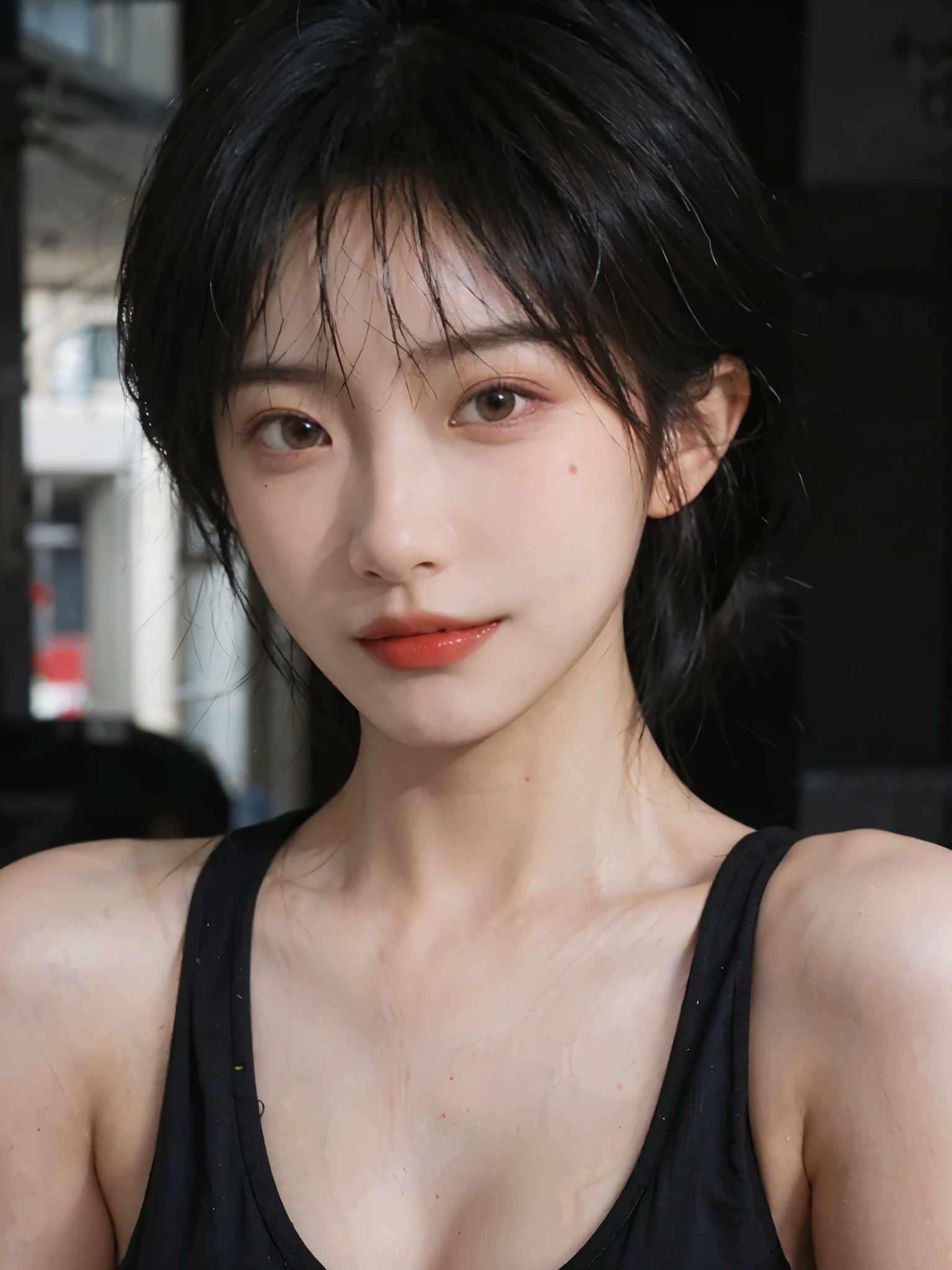 (Skin details:1.4), (smooth skin textures:1.3), (Upper body:1.4),(Upper Body:1.3)Lipstick, background, earrings, serene, calm, (Realistic and detailed eyes:1.2), Natural skin texture, Realistic facial details, Soft dramatic lighting, Vivid details, 35 mm film, outdoor, (Photo Practical:1.4), (hyper Practical:1.4), (Practical:1.3), (Smoother lighting:1.05), (Improve lighting quality:0.9), (Highest quality real skin textures:1.4), Exquisite eyes, Delicate face, Close-up of face, (Enhance the beauty of skin texture:1.1), Hair details,(Large Breasts:1.3)normal body ratio, short hair, Moles under the eyes, A faint smile,Portrait Photography, Depth of Field, Bokeh, Surrealism, Ray Tracing, (Portrait Photography:1.1), Surrealism, High Detail, Chiaroscuro, Ray Tracing, reflected light, Ultra HD, Ultra HD, masterpiece, Textured Skin, Super Detail, High Detail, high quality, best quality