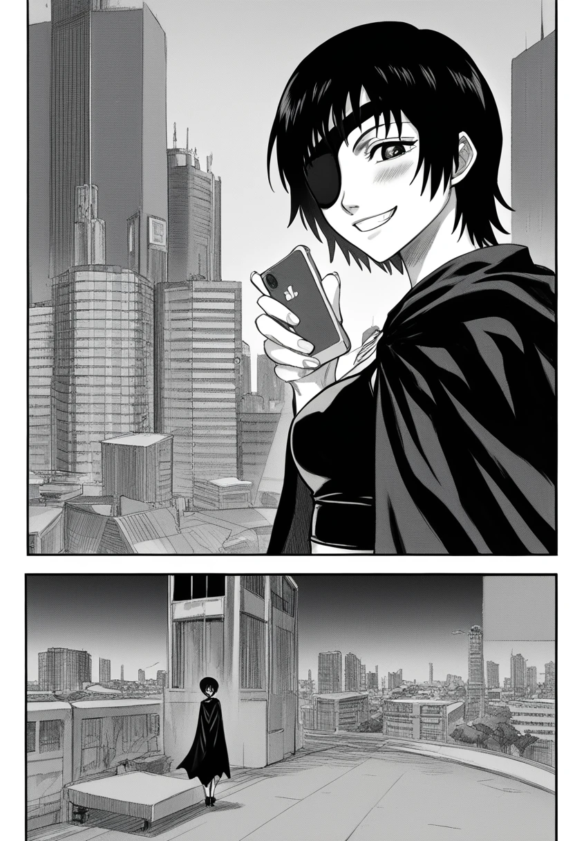 score_9,score_8_up,score_7_up,source_anime,zPDXL,(nsfw_manga_style:1.2),(monochrome:1.2),line,comic,high res image,simple composition,3koma,, source_manga, score_9, score_8_up, score_7_up, source_manga, colored, Tite Kubo manga style, Tite Kubo art stylemature female, mature, Adult, himeno, himeno(Chainsaw Man), 1girl, black hair, short hair, eyepatch, solo, blush, phone, psychedelic effect, display of phone, showing display, octopus symbol, seductive smile, grin, Villains, chest, View your audience, Night town, City, skyscraper, Night, Dark, latex bikini under the black cape, masterpiece, 