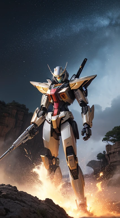 ((ultra real detailed.mecha-girl) (Masterpiece, Top quality, Best quality, offcial art, Beauty and aesthetics: 1.2), Very detailed, Colorful, Most detailed, branches,mecha-girl, (Mards)mecha-girl(canyons), (Linen Future Mecha Girl), Angry fighting stance, looking at the ground, Batik linen bandana, Crane pattern long sleeve garment,Mecha Maiden Canyon(Abstract propylene splash:1.2), Dark clouds lightning background,Sprinkle with gold mecha girl powder(realisticlying:1.4),Black color hair,Flour fluttering,rainbow background, A high resolution, the detail, RAW photogr, Sharp Re, Nikon D850 Film Stock Photo by Jefferies Lee 4 Kodak Portra 400 Camera F1.6 shots, Rich colors, ultra-realistic vivid textures, Dramatic lighting, Unreal Engine Art Station Trend, cinestir 800,Flowing black hair,(((mecha-girl)))
