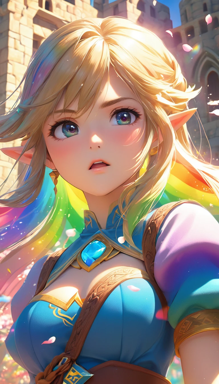 Highest quality, Super quality, 16K, Incredibly absurd, Very detailed, delicate and dynamic, Natural light, Fine particles reflect rainbow colors, Diffuse reflection of light, Vortex of Light, Many rainbow-colored petals fall, Beautiful Western Castle, Shining Sun, 湖面にDiffuse reflection of light, Create amazing image effects, Upper body close-up, (, cute sexy girl, huge bouncing busts, Sensual expression, passionate, Serious, Vibrant, the legend of zelda)