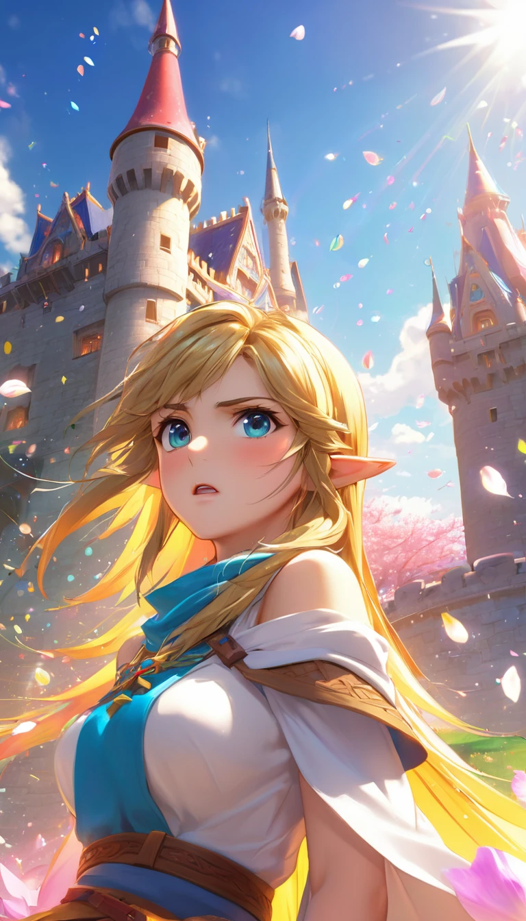 Highest quality, Super quality, 16K, Incredibly absurd, Very detailed, delicate and dynamic, Natural light, Fine particles reflect rainbow colors, Diffuse reflection of light, Vortex of Light, Many rainbow-colored petals fall, Beautiful Western Castle, Shining Sun, 湖面にDiffuse reflection of light, Create amazing image effects, Upper body close-up, (, cute sexy girl, huge bouncing busts, Sensual expression, passionate, Serious, Vibrant,  the legend of zelda)