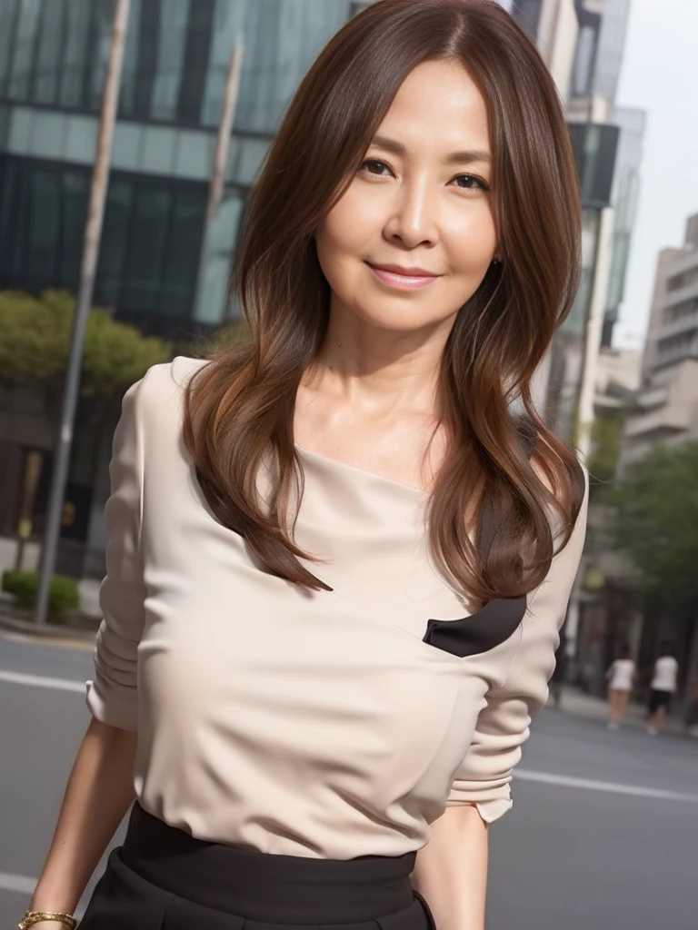 ((Highest quality)), ((8K)), ((masterpiece: 1.3)), (Perfect appearance), (Photorealism: 1.6), (JMA), (KE), (City street corner), (歩く1人のJapanese Mature), (Sidewalk in an office district), (Detailed Background), (Full body portrait), (60 years old, Japanese Mature), ((Realistic skin texture)), (Fine wrinkles all over the skin), (Dullness), (Facial wrinkles), (Wrinkles around the eyes), double eyelid, Tear bags under the eyelids, Calm expression, Straight Long Hair, (wide neckline blouse), BREAK(Pale beige flared skirt),BREAK ハイヒール,