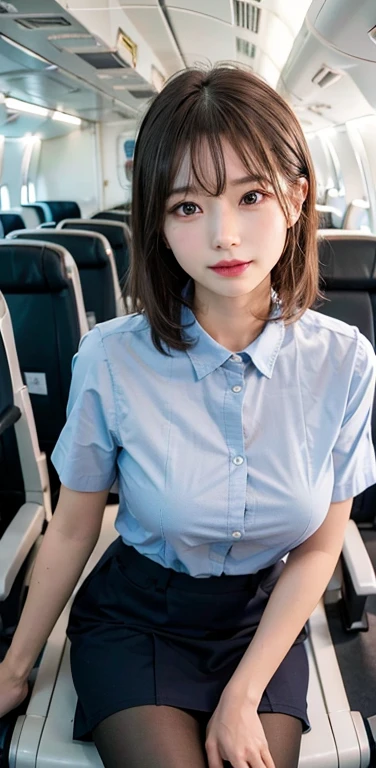masterpiece, One beautiful girl, Detailed eyes, Swollen eyes, Highest quality, 超High resolution, (reality: 1.4), Original photo, One girl, Cinema Lighting, Japanese, Asian Beauty, Korean, Very very beautiful, Beautiful skins, thin, Front facing body, (超reality的な), (High resolution), (8k yen), (Very detailed), (Best illustrations), (Beautiful and detailed eyes), (Ultra-detailed), Detailed face, Looking at the audience, Look straight ahead, Neat Clothing, No sleeve、Put your hair up、Black-haired、46 point diagonal bangs、White background、Clean room、(Stewardess uniform、In-flight、pantyhose、Laughter、Breasts are breaded、Clothes are too tight