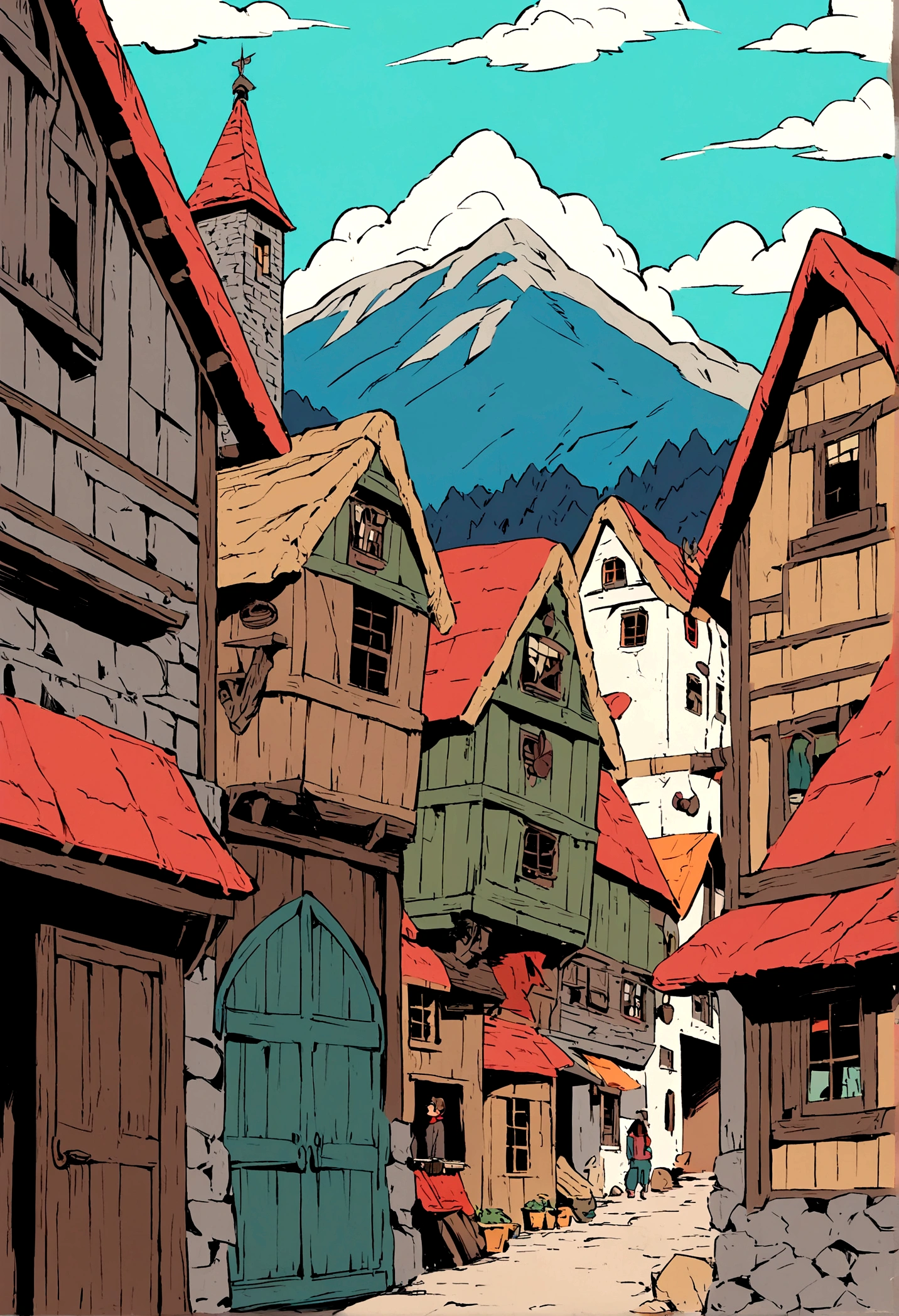 Rocky Mountain Town、Stone house, Strong Studio Ghibli-esque colors