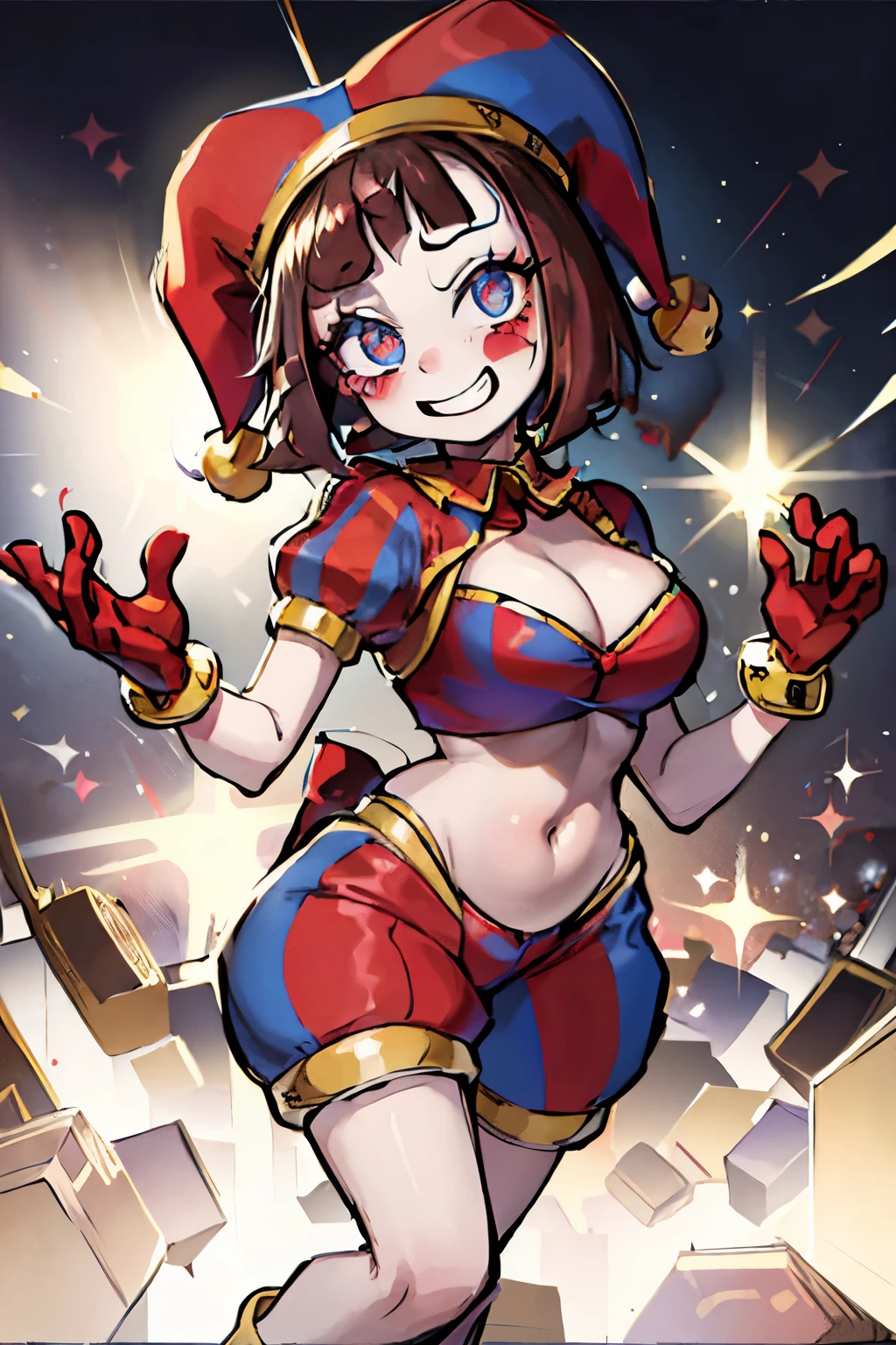 In the heart of the bustling circus, a captivating clown woman takes center stage. Her vibrant outfit, a riot of colors, contrasts starkly against the muted tones of the big top. Her short, curly hair bounces with every twirl, framing a face painted with exaggerated features. With a grin that could light up the darkest of tents, her eyes sparkle with a playful mischief. A bright red nose and a bow tied around her neck are the final touches to her iconic clown outfit. The background is filled with the chaotic energy of the circus, with performers and spectators in a lively dance. The text at the