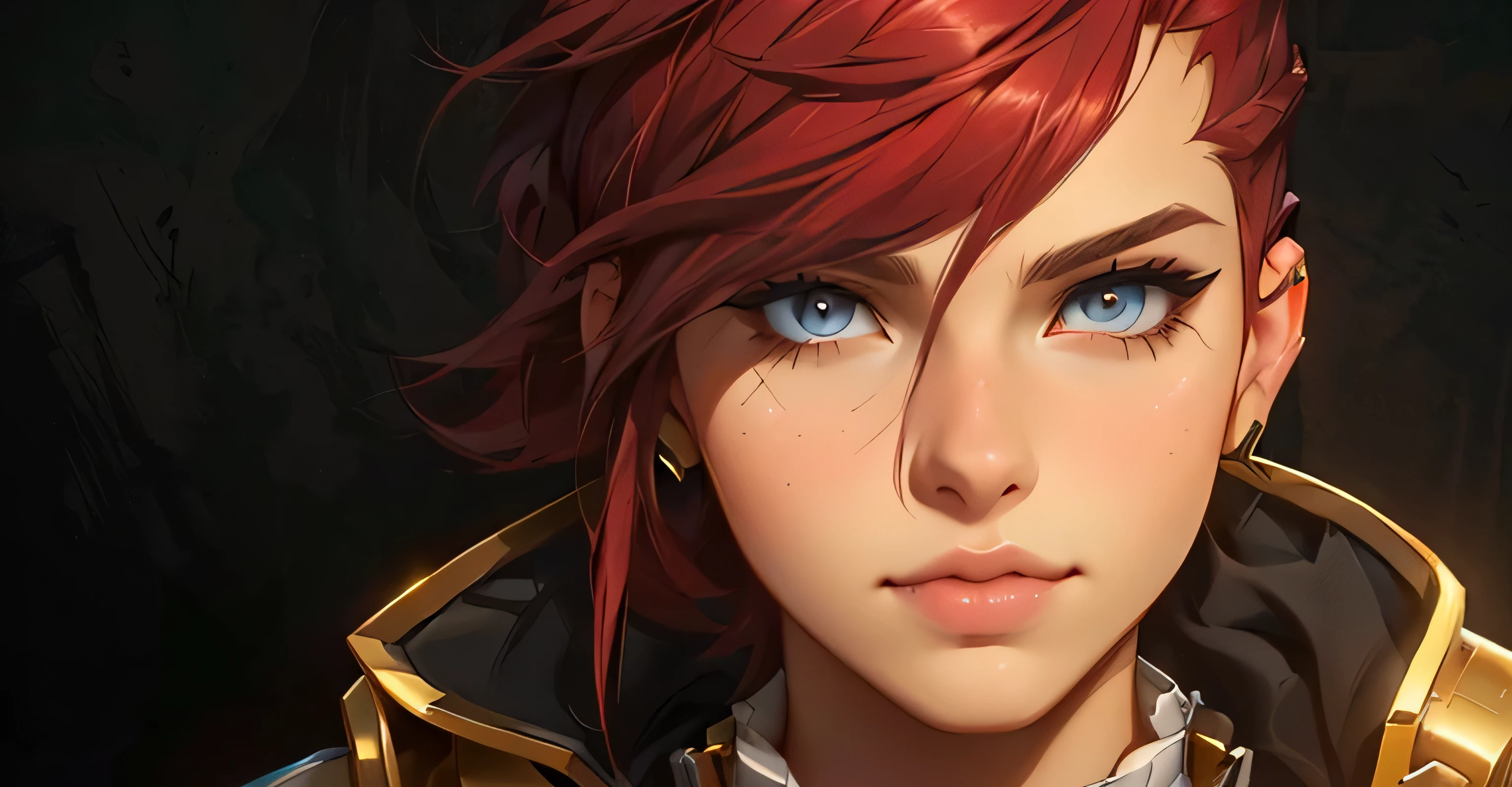 a close up of a person with red hair, light gray eyes and a black jacket, close up character art, taliyah, sylas, League of Legends character art, Katarina, zenra Taliyah, League of Legends character, close up portrait of character, Brigitte, young taliyah, kda, battle hunters, 2d concept art head macro shot, character close-up