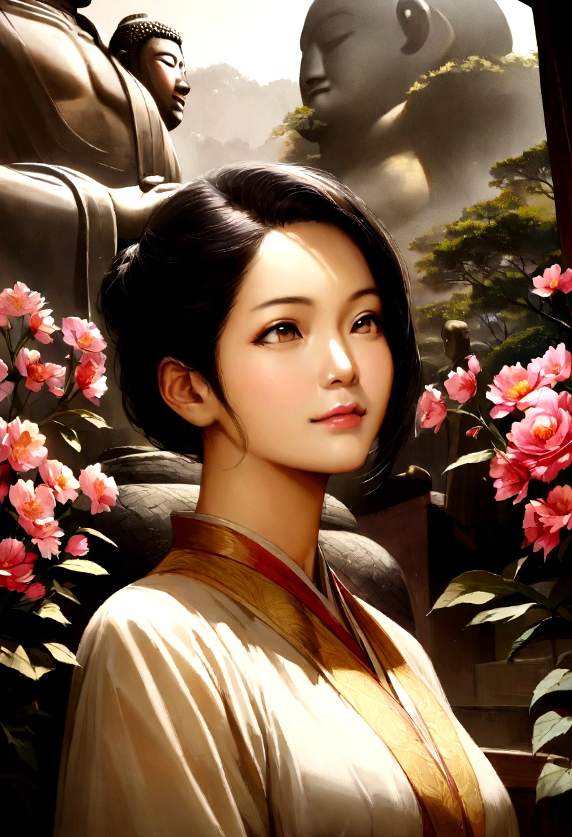woman、God、Great Buddha、Realistic images、Background and surroundings are flowers