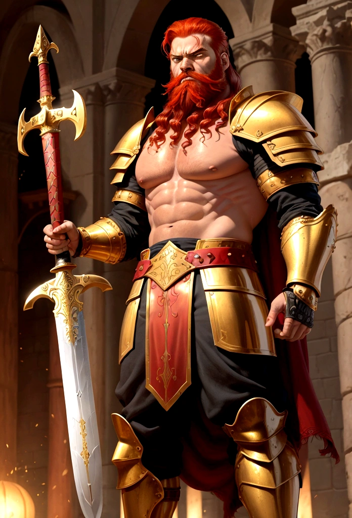retelling of the biblical battle between David and the giant Goliath, Davi ( boy, red hair with a sword in hand) goliath (giant with golden armor, And with a beard, angry face) fund (futurist, lights)