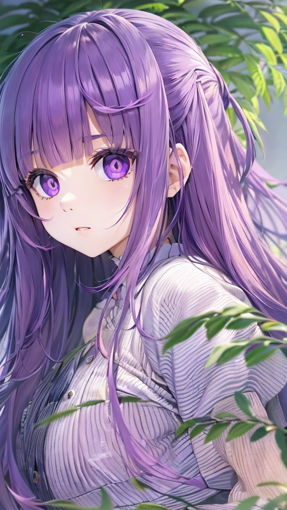 kawaii girl,Fern, Long Hair, bangs, (Purple eyes:1.1), Purple Hair, Side Lock, blunt bangs, (Bright Eyes:1.5), Half Up,Big breast, (score_9, score_8_up:1.1), score_7_up,