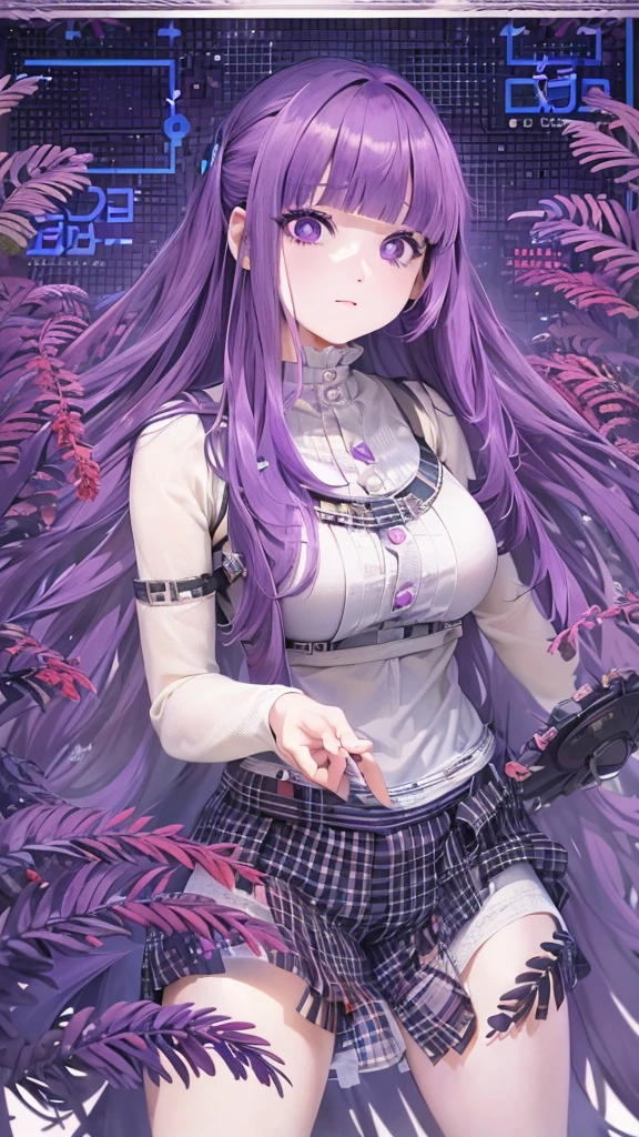 kawaii girl,Fern, Long Hair, bangs, (Purple eyes:1.1), Purple Hair, Side Lock, blunt bangs, (Bright Eyes:1.5), Half Up,Big breast, (score_9, score_8_up:1.1), score_7_up,