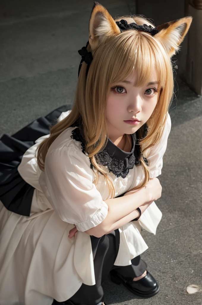 (Highest quality:1.2),32k HDR,High resolution,(20-year-old woman),(Ultra Wide Angle),(View from above:1.2),((Glaring at the camera)),(Japanese women),(Blonde),Flat bangs,Dark Room,Medium chest,Squat with your feet apart,Show off your crotch,両腕をhandcuffsで繋がれている,((handcuffs)),Detailed face,High quality eyes,Keep your eyes focused,Nose and mouth,Face Focus,Super Face close-up gentle and charming Chinese beautiful woman, 繊細でセクシーなLock骨,Small Nose, Focus on the face, Face close-up, 薄Dark Room,ruins,Embarrassed, moist eyes,Sad expression,Looking into the camera,Very beautiful eyes,Flat Chest,Tragic,A fleeting expression,,((Gothic Lolita)),((Constraints)),((Lock)),((Plate at your feet,Dog food dish)),((Staring straight ahead)),((Fox ears on head)),((Fox's Tail)),((short hair,Shaggy,Bob,long)),(Red Hair,Brown Hair,Black Hair,Silver),(uniform),((Dark eyeliner)),((Slanted Eyes)),((Big eyes)),((Hands)),((Women who are kept)),((Pets)),