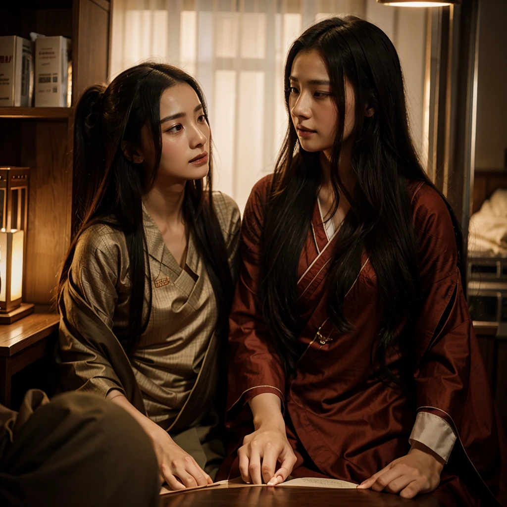 Lan Zhan and Wei Wuxian's daughter has long, wavy hair that is a vibrant fiery red color., that shines brightly like living flames. His eyes are a deep crimson red., glowing with supernatural intensity. Her skin is clear and luminous with a soft golden glow., and his facial features mix the serenity of Lan Zhan with the liveliness of Wei Wuxian, giving it an ethereal beauty. Wear a silk tunic in red and gold tones, with flame and feather embroidery, and wears a phoenix-shaped amulet and a golden headdress. His bearing is dignified and majestic, evoking the presence of a true phoenix.