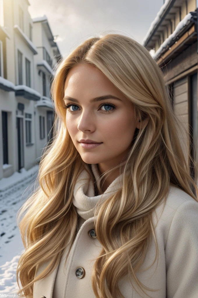 proFessional portrait photograph oF a gorgeous Norwegian girl in winter clothing with long wavy blonde hair, sultry Flirty look, gorgeous symmetrical Face, lindo maquillaje natural, wearing elegant warm winter Fashion clothing, ((parado afuera en una calle nevada de la ciudad)), impresionante entorno urbano moderno, ultra realista, arte conceptual, elegant, muy detallado, Intrincado, sharp Focus, depth oF Field, F/1. 8, 85mm, Tiro medio, plano medio, (((proFessionally color graded))), bright soFt diFFused light, (volumetric Fog), tendencia en instagram, hdr 4k, 8k