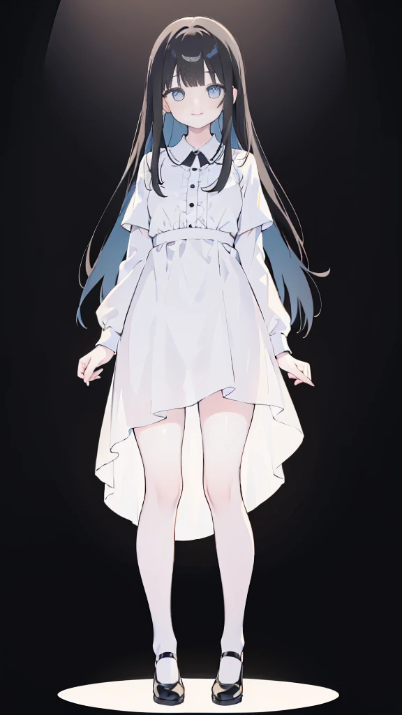 masterpiece, 8K, Detailed face, best quality, Must be created as described, (1 girl, alone, 20 years old, 158cm), (Black hair, long hair, Straight Hair, Bangs), (innocent, Big blue eyes like diamonds), (fair skin, thin waist, long legs), (Wearing a simple pure white dress, Skirt length to thigh), (black briefs, Low waist style), (Wear white socks), (Show your thighs, Show your arms), (Has black leather collar), (The expression looks shy, but with a smile), (light black background, Full body portrait, Stand Up Straight, symmetry)