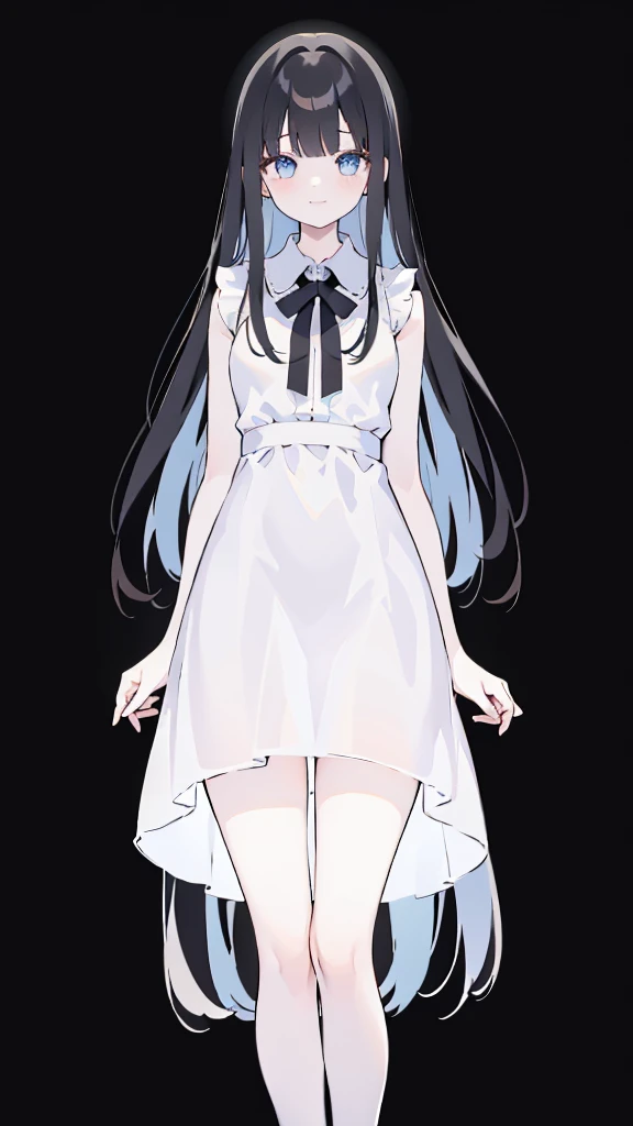 masterpiece, 8K, Detailed face, best quality, Must be created as described, (1 girl, alone, 20 years old, 158cm), (Black hair, long hair, Straight Hair, Bangs), (innocent, Big blue eyes like diamonds), (fair skin, thin waist, long legs), (Wearing a simple pure white dress, Skirt length to thigh), (black briefs, Low waist style), (Wear white socks), (Show your thighs, Show your arms), (Has black leather collar), (The expression looks shy, but with a smile), (light black background, Full body portrait, Stand Up Straight, symmetry)