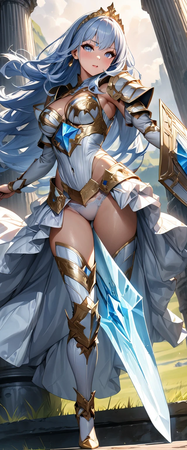 (Perfect Anatomy)、Mastepiece、Ultra High Quality、 8K、masterpiece、Highest quality、Ultra-high resolution、Maximum resolution、Very detailed、Professional Lighting、anime、woman、thin、so beautiful、Highly detailed eye、Highly detailed face、Blue and white armor, , Golden decorated luxury tiara，Golden earrings，Frilly Armor，Light blue hair, blue eyes，White underwear、Gloss Lip、Pink Lips、grassland, full body, dynamic angle, dynamic pose, Heroic pose, pillars of ice, (((long sword))), (((shield))), Defending with water magic, Making eyes glow, flying attack, Swinging down a sword, goddess armor, high heels, floating hair, 