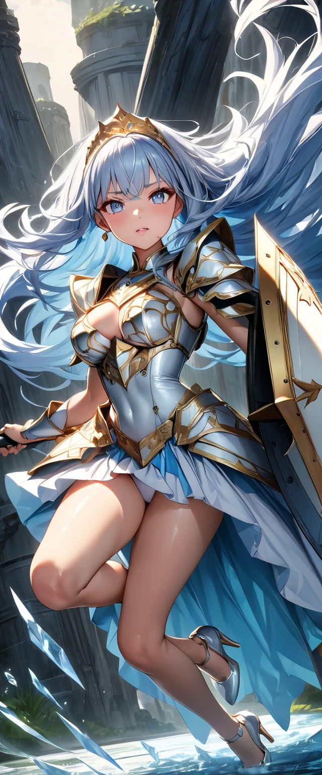 (Perfect Anatomy)、Mastepiece、Ultra High Quality、 8K、masterpiece、Highest quality、Ultra-high resolution、Maximum resolution、Very detailed、Professional Lighting、anime、woman、thin、so beautiful、Highly detailed eye、Highly detailed face、Blue and white armor, , Golden decorated luxury tiara，Golden earrings，Frilly Armor，Light blue hair, blue eyes，White underwear、Gloss Lip、Pink Lips、grassland, full body, dynamic angle, dynamic pose, Heroic pose, pillars of ice, (((long sword))), (((shield))), Defending with water magic, Making eyes glow, flying attack, Swinging down a sword, goddess armor, high heels, floating hair, 