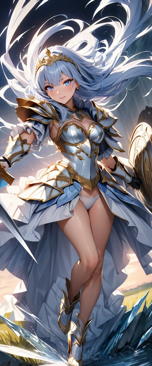 (Perfect Anatomy)、Mastepiece、Ultra High Quality、 8K、masterpiece、Highest quality、Ultra-high resolution、Maximum resolution、Very detailed、Professional Lighting、anime、woman、thin、so beautiful、Highly detailed eye、Highly detailed face、Blue and white armor, , Golden decorated luxury tiara，Golden earrings，Frilly Armor，Light blue hair, blue eyes，White underwear、Gloss Lip、Pink Lips、grassland, full body, dynamic angle, dynamic pose, Heroic pose, pillars of ice, (((long sword))), (((shield))), Defending with water magic, Making eyes glow, flying attack, Swinging down a sword, goddess armor, high heels, floating hair, 