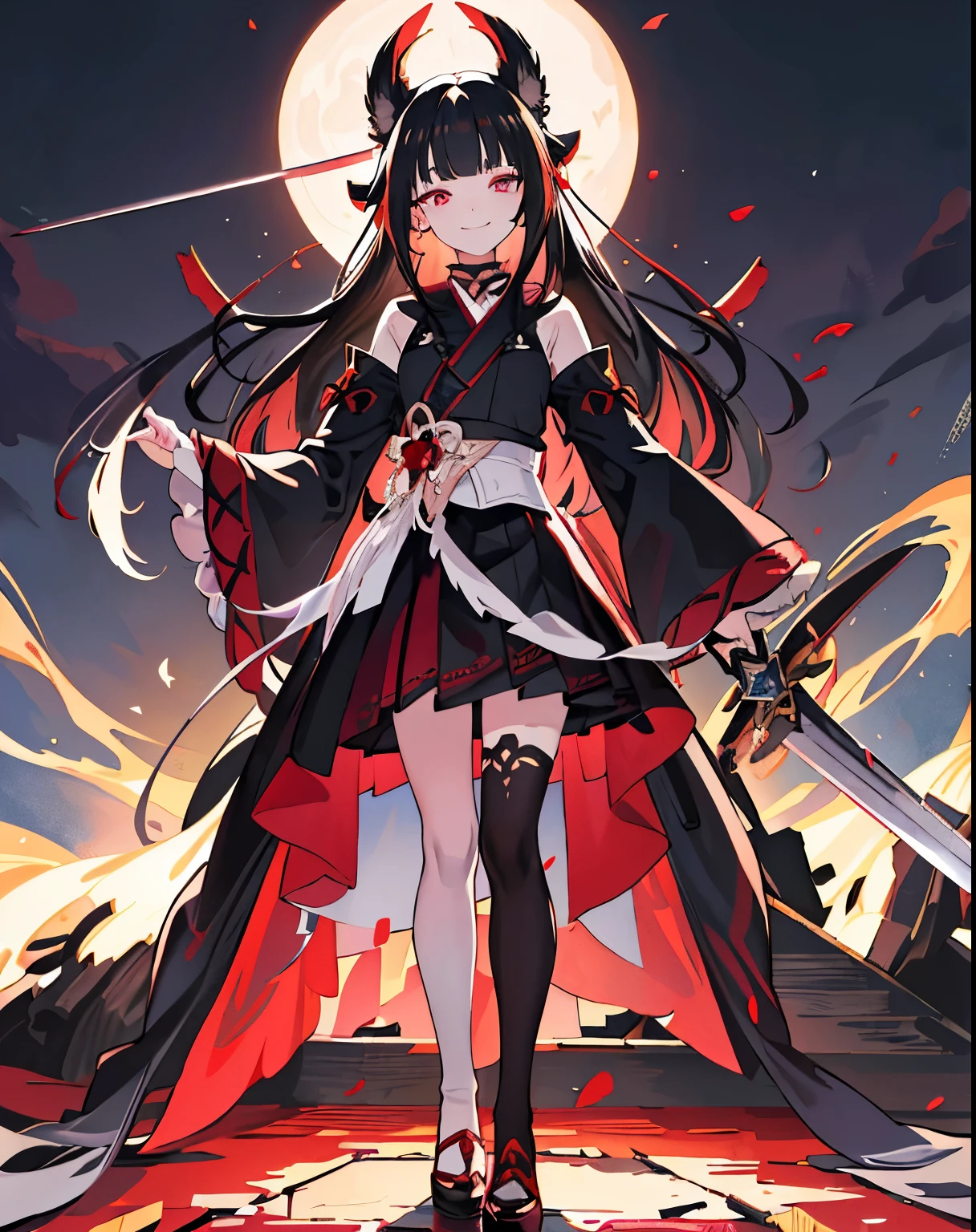 [(Detailed Background:1.4)::5],original,(figure:1.1),(Highest quality),(Tabletop:1.1),(Highly detailed CG Unity 8k wallpaper:1.1), (colorful:0.9),(Mid Shot:0.95),(very detailed beautiful whole body),Ear covering accessories、Standing in the Wilderness, (girl),(((Adult))), (Beautiful eyes in every detail:1.15), (Beautiful Face:1.15), (Glowing red eyes:1.25////),(Black Hair),Pale skin，Pink Eyes，Red Bow，Amaryllis，((Wicked Smile))，crystal earrings in the ears，raven feather skirt,whole body,Wearing shrine maiden clothes and knee socks,((Long black hair)),Long black hair,((Hold a long sword)),