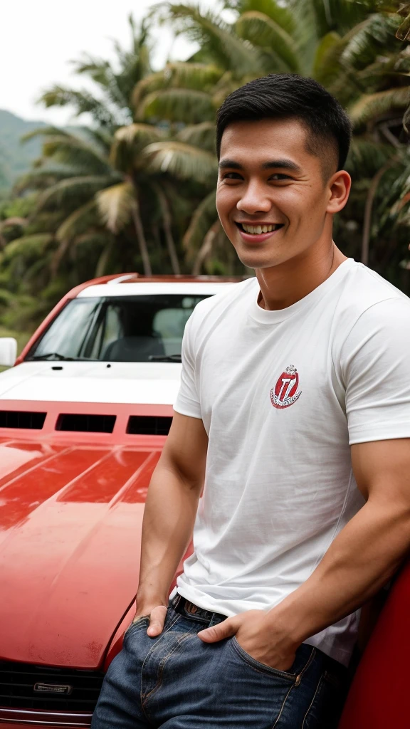 Thai man ,man,He is about 30 years old..,Rough and handsome appearance,large breastsj,Big waistline,buzz cut, angry, sullen, best quality, Masterpiece,(Have muscles:4.5),(best quality,high resolution,Masterpiece:1.2),The eyes are natural and delicate..,1 person,alone,gay asian,muscle,Long legs,brave,short hair details,conjunctivitis ,strong,brown eyes, (outdoor background car :1.5),in the market,sit (red and white t-shirt:1.3),Jeans ,smile
